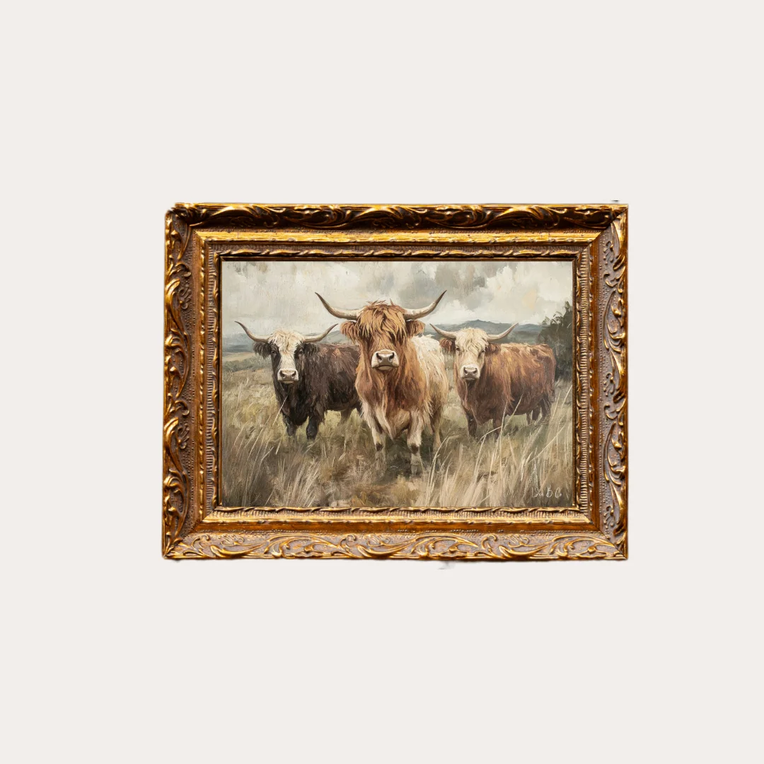 Highland Cow Herd | French Brass Inspired Gold Mould Framed Art