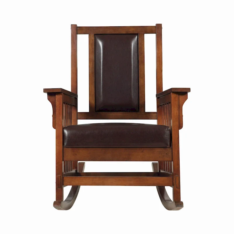 Mission Style Rocking Chair, Leather Upholstered Seat & Back, Tobacco and Dark Brown