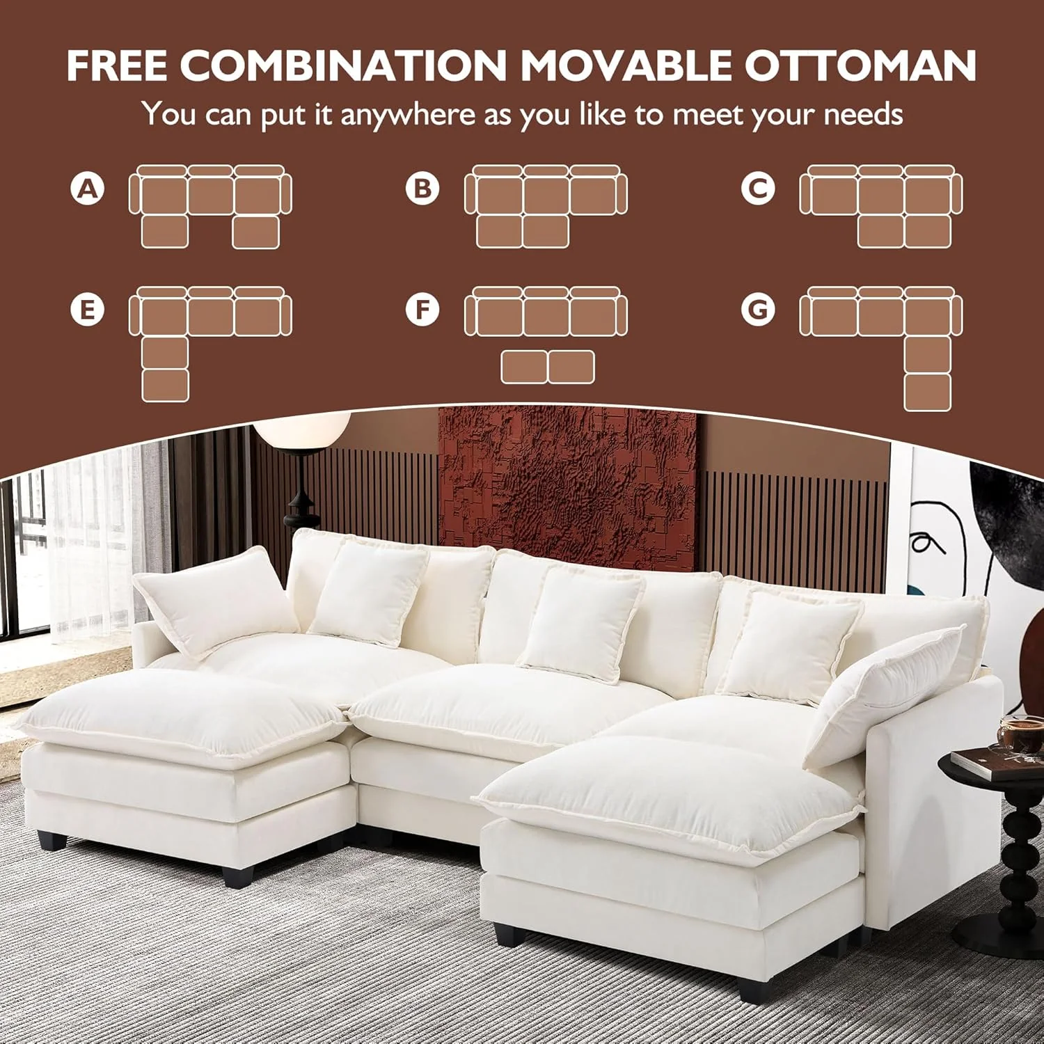 111.4 Inch L-Shaped Modern Sofa Modular Cloud Sofa Ottoman 4-Seater Chenille Deep Seat Sofa