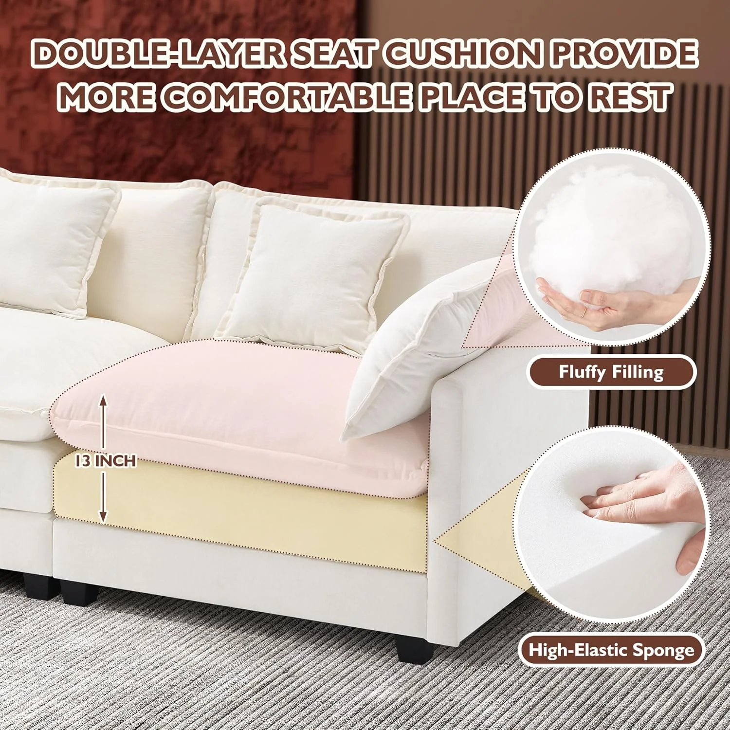 111.4 Inch L-Shaped Modern Sofa Modular Cloud Sofa Ottoman 4-Seater Chenille Deep Seat Sofa