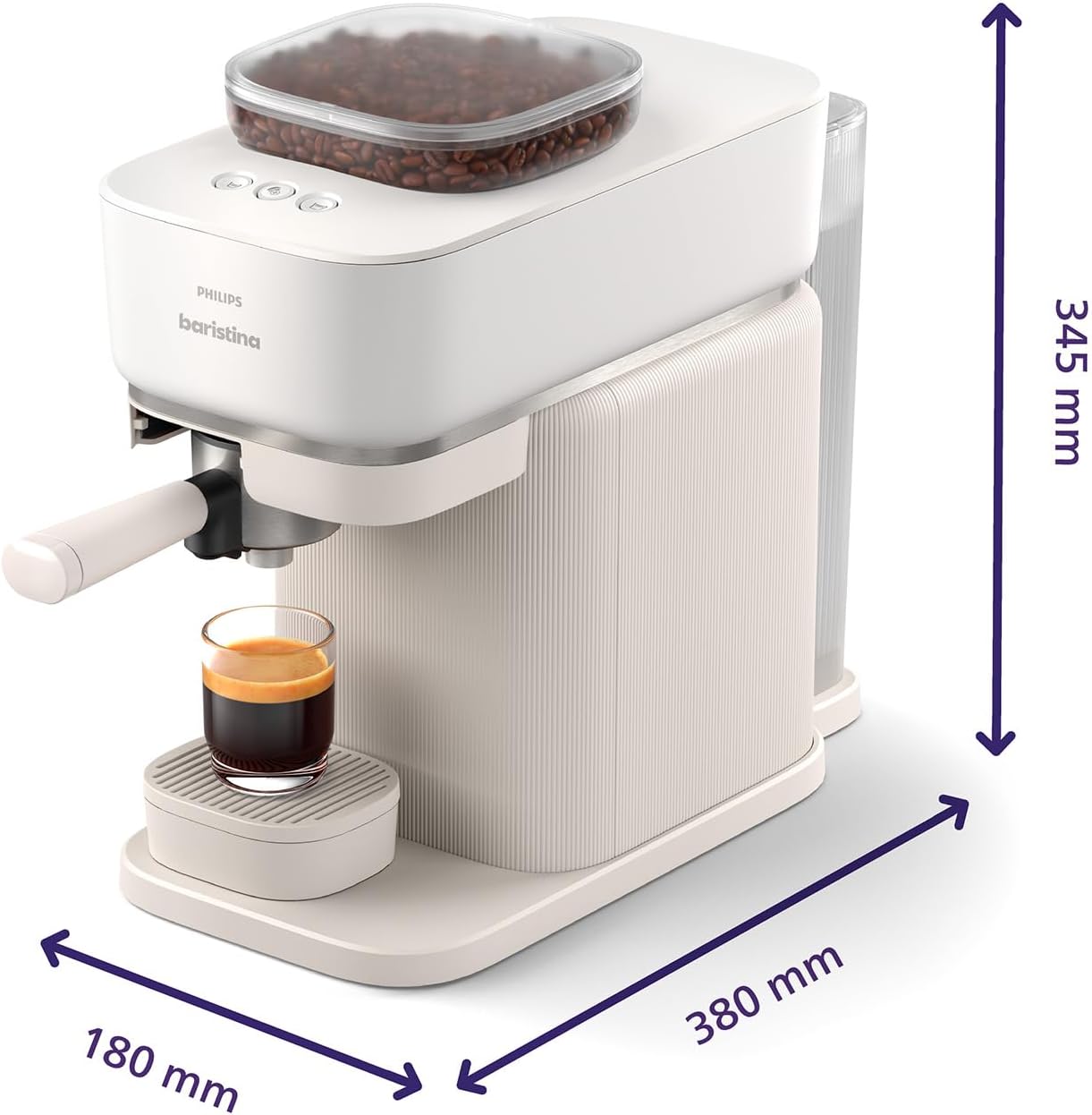 Philips Baristina Espressomaschine - Real Espresso- made simple. Kompakte Kaffeemaschine- Naturweiß mit weißem Siebträger- 16-bar-Pumpendruck- automatisches Mahlwerk- Cafe Crema (BAR300/00)