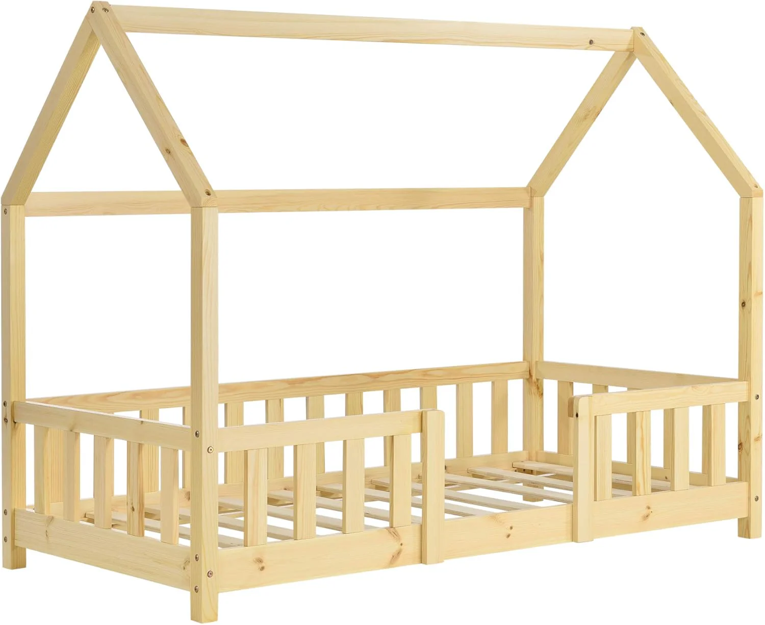 [en.casa] Letto per bambini Sisimiut a capanna 80 x 160 cm con protezione anticaduta letto in legno per bambini letto a terra rete a doghe in legno di pino Bianco opaco