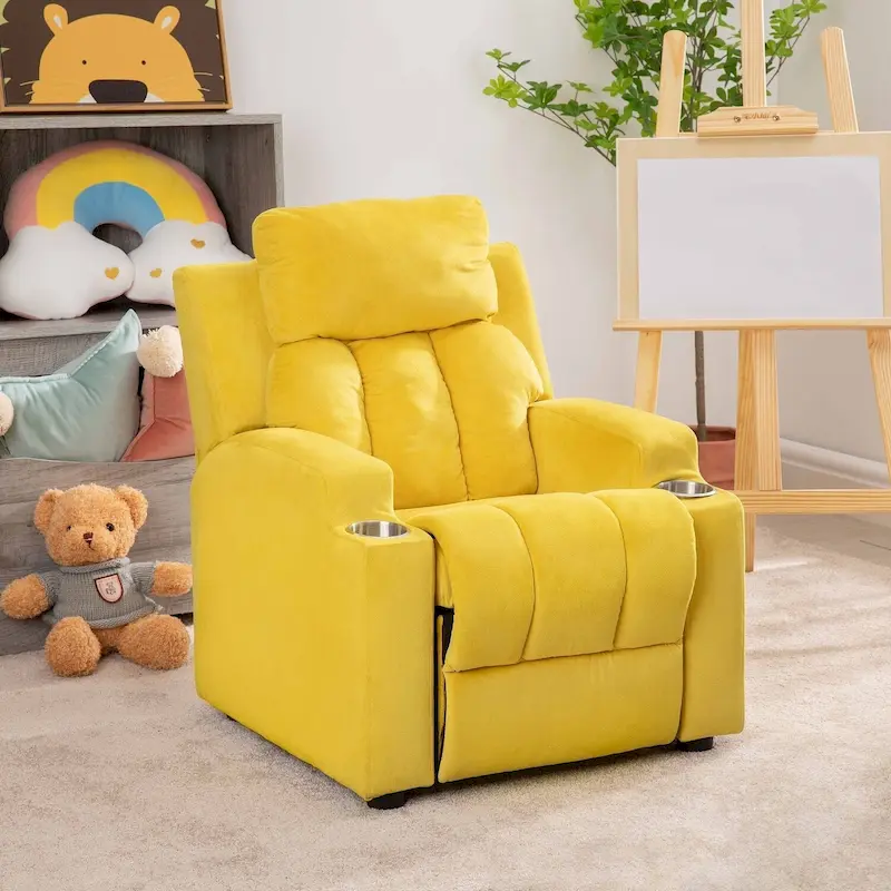 Deluxe Kids Recliner Chair with Footrest Headrest and 2 Cup Holders Microfiber Kids Recliner for Age 3+ Years