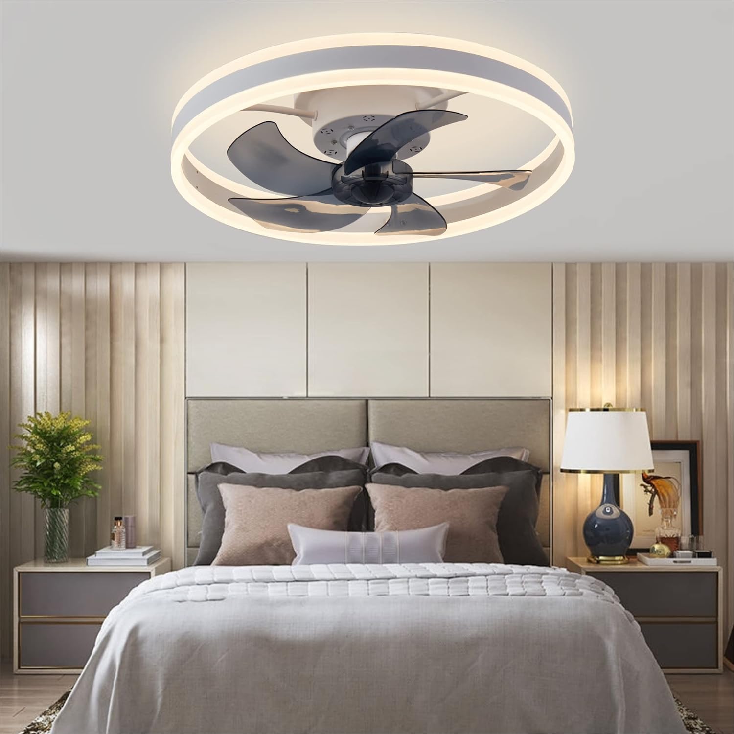 Low-profile smart ceiling fan with lights APP control remote compatibility 6-speed reversible blade