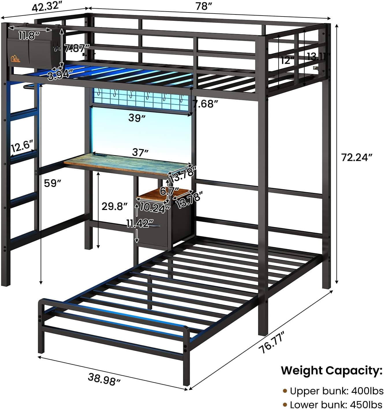 DICTAC Bunk Bed with Desk,Led Lights and Charging Station Twin Over Twin Bunk Beds with Storage Drawers and Shelves,Metal L-Shaped Kids bunk Bed with Safety Guardrail&Ladder,No Box Spring Needed,Black