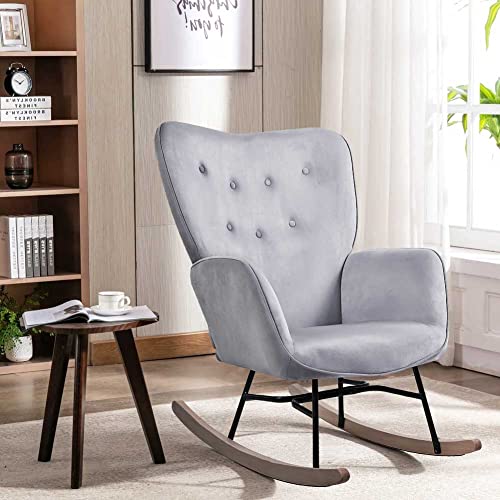 BAKAJI Poltrona Sedia a Dondolo Relax Slitta Rivestimento in Tessuto Struttura Legno Imbottita Piedi in Metallo Base Dondonlante Legno Dimensione 90 x 70 x 95 cm Design Moderno Scandinavo (Grigio) : Casa e cucina