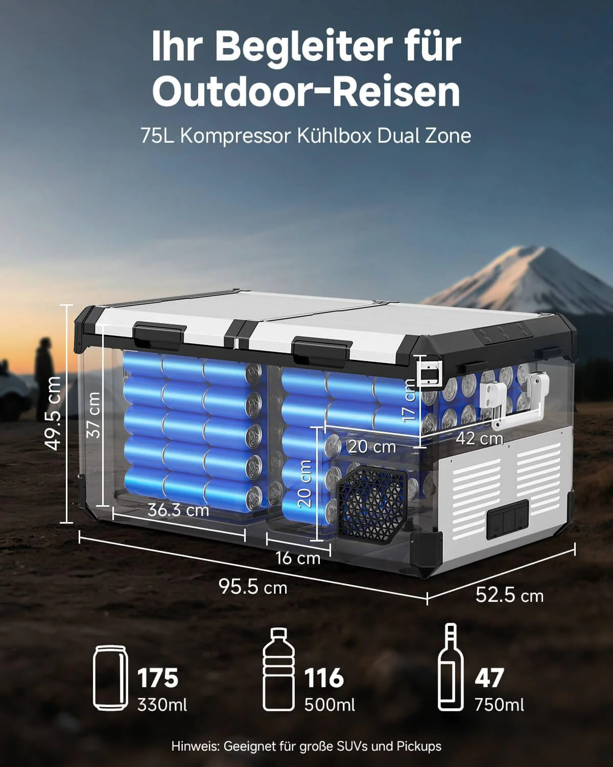 AAOBOSI 95 literes kompresszoros hűtőláda, kettős zónás, akár -20℃, rozsdamentes acél ház és alumínium belső, 12/24V DC és 230V AC, kompresszoros hűtőláda autóba, hajóba, kempingezéshez és terepre