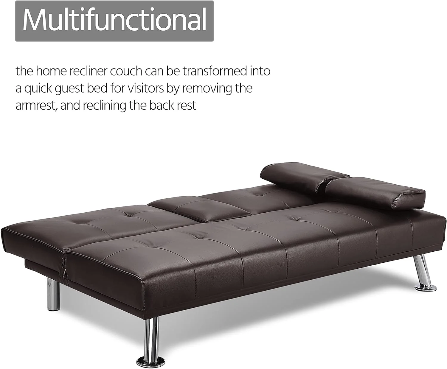Yaheetech Convertible Sofa Bed Adjustable Couch Sleeper Modern Faux Leather Home Recliner Reversible Loveseat Folding Daybed Guest Bed, Removable Armrests, Cup Holders, 3 Angles, 772lb Capacity, Black