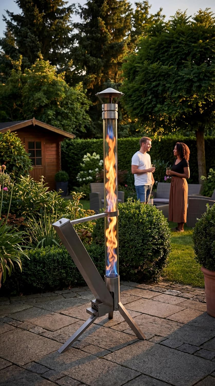 Eden Outdoor Feuerrohr Klassik,Edelstahl Feuersäule und Pelletfackel, Elegante Terrassenheizer und Gartenkamin, stilvolles Terrassenfeuer, langlebig und wetterfest, Alternative für Deine Terrasse und