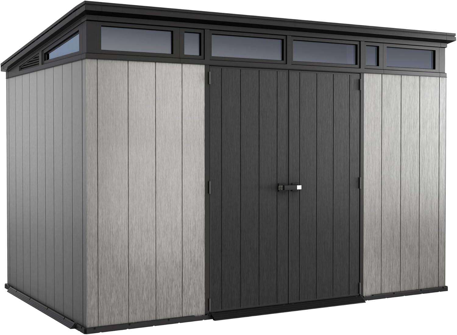 2025 Keter Artisan 11x7 Modern Resin Outdoor Storage Shed Kit-Perfect to Store Patio Furniture, Garden Tools Bike Accessories, Beach Chairs and Lawn Mower, Grey & Black
