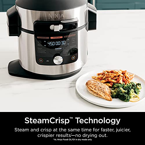 Ninja OL701 Foodi 14 in 1 SMART XL 8 Qt. Pressure Cooker Steam Fryer with SmartLid & Thermometer Auto Steam Release, that Air Fries, Proofs & More, 3 Layer Capacity, 5 Qt. Crisp Basket, Silver/Black