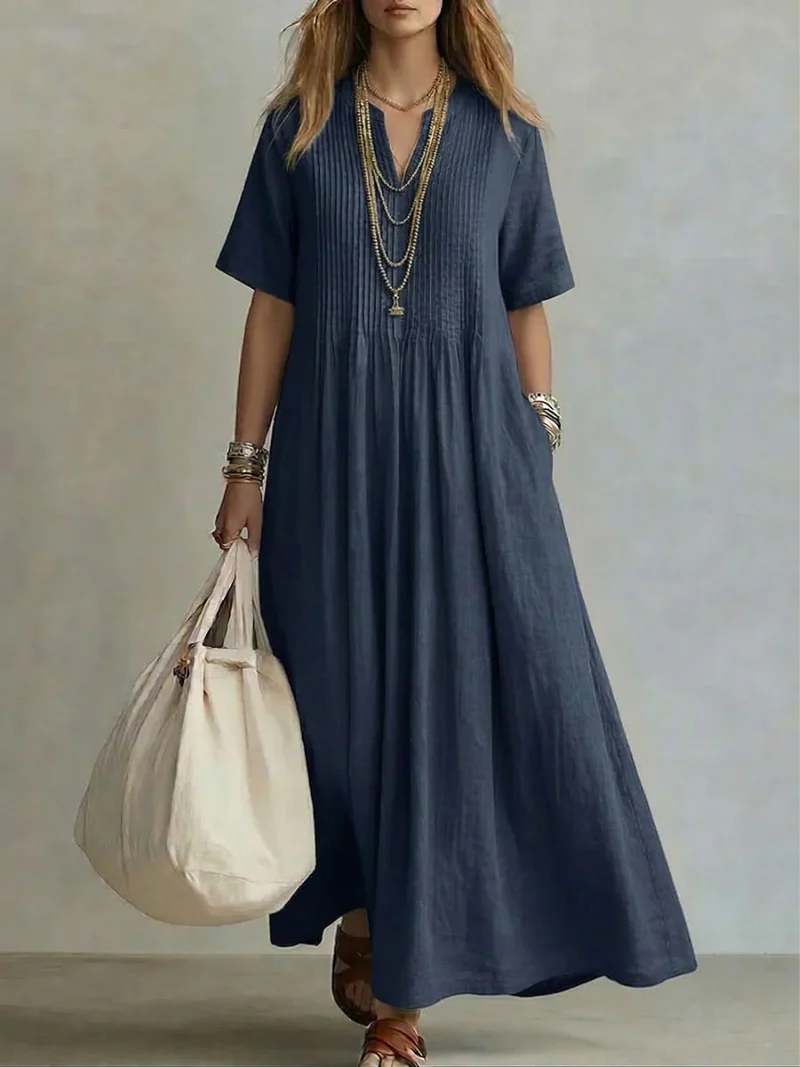 Women��s Pleated Maxi Dress Soft Linen Fabric with Pockets