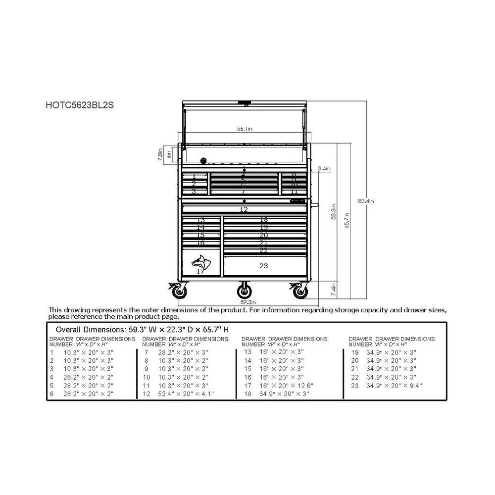 2025 56 inch W x 22 inch D Heavy-duty combination tool trolley with 23 drawers and tool cabinet in matte blue