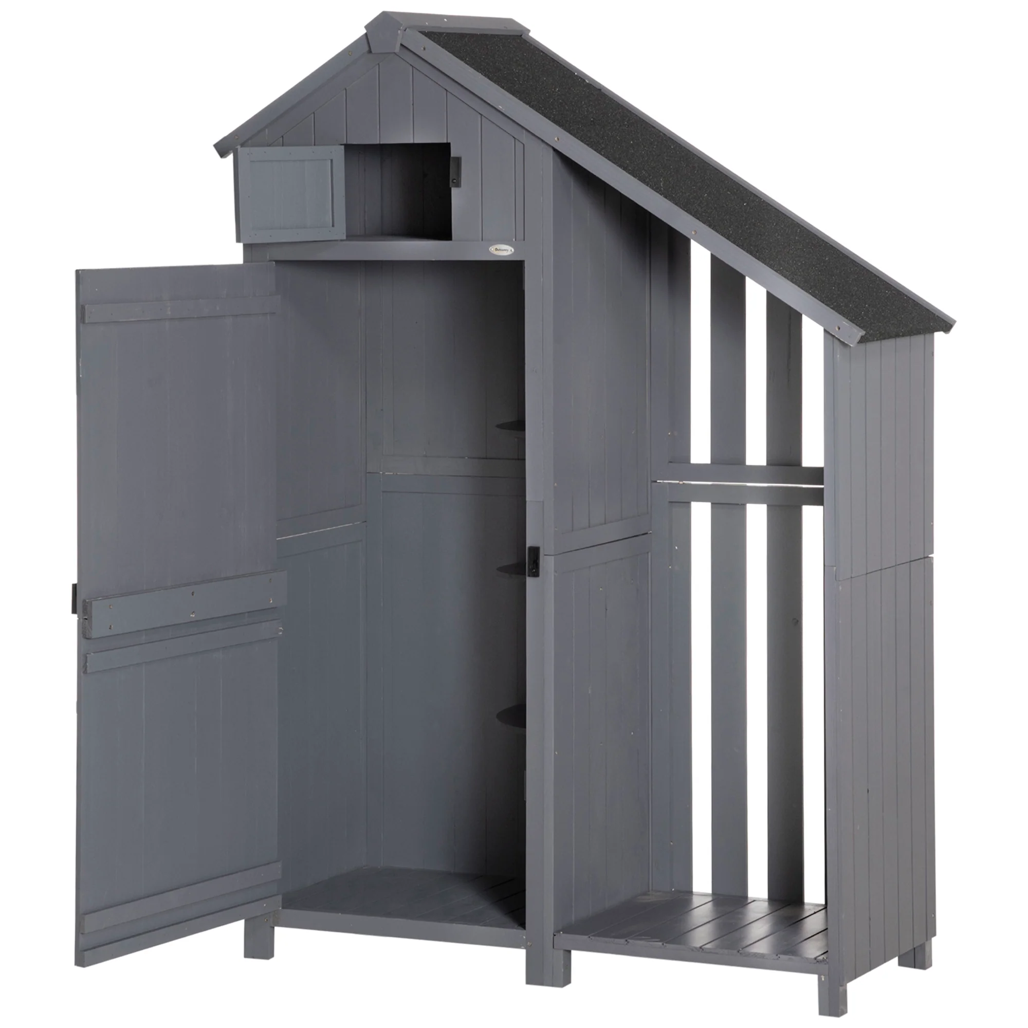 Outsunny tuinhuis gereedschapshuis gereedschapsschuur met opslagruimte voor brandhout gereedschapsschuur met 3 planken, grijs,130 x 54,5 x 180 cm