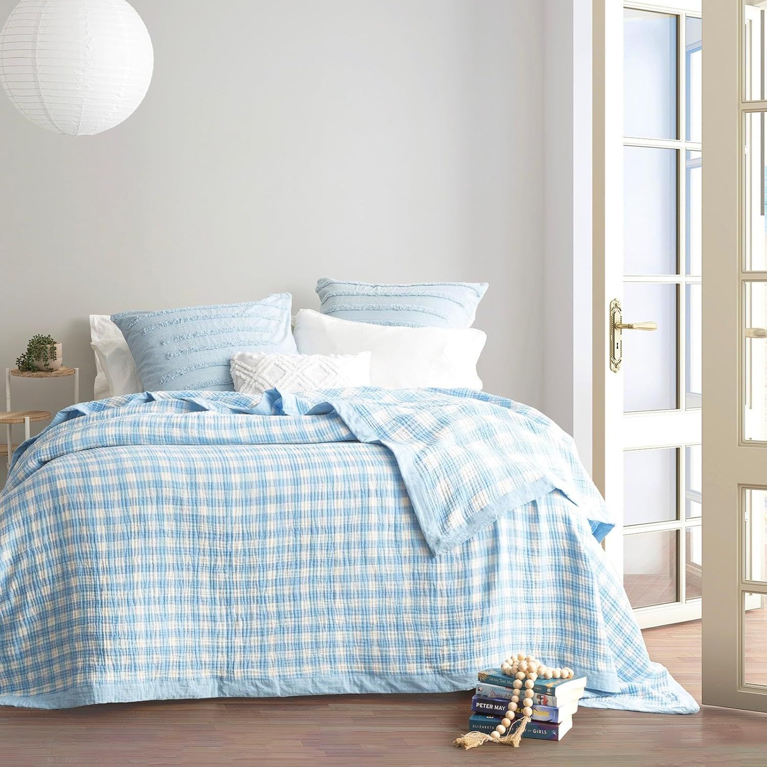 Renee Taylor French Blue Gingham Cotton Reversible Blanket - Queen/King
