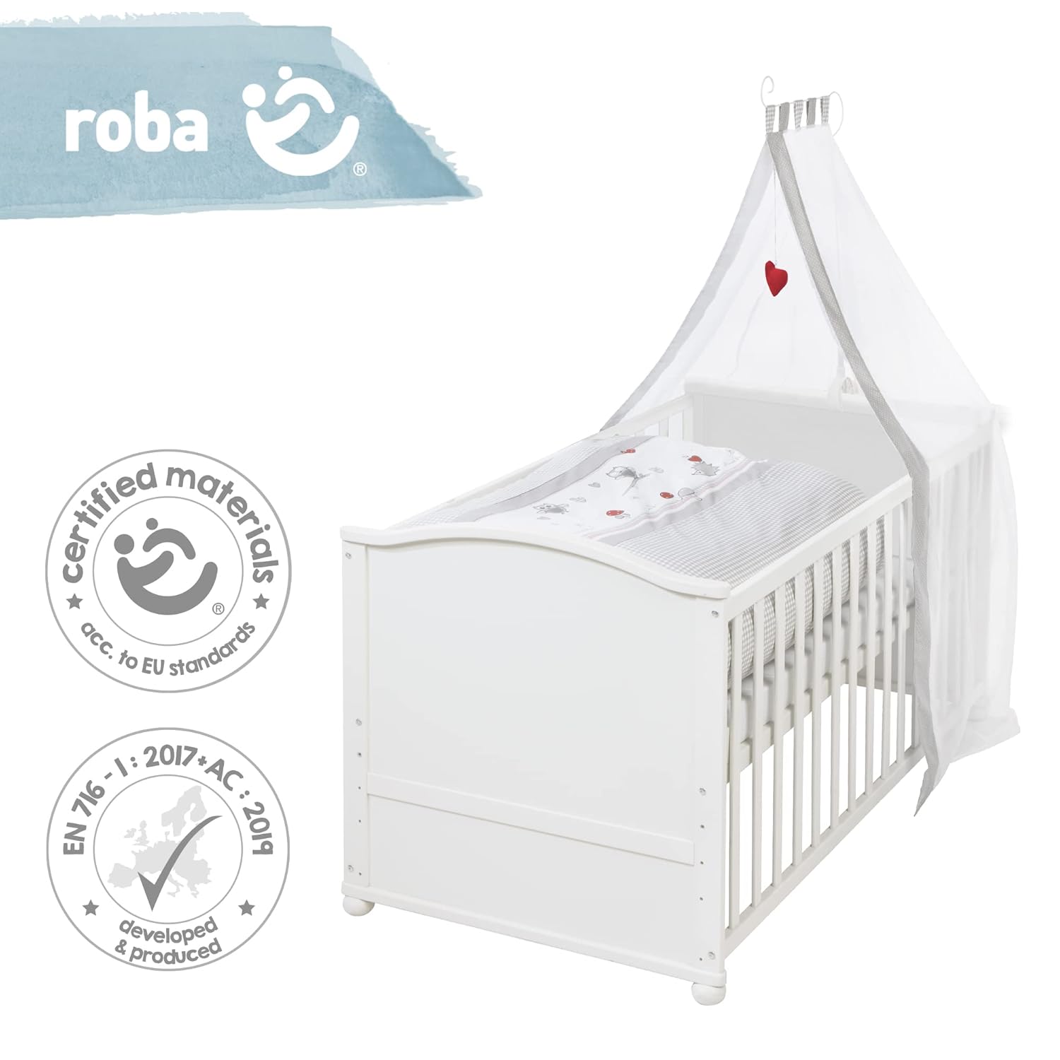 roba Babybett Set Adam & Eule - 70 x 140 cm - Mitwachsendes Kinderbett mit Bettwäsche, Himmel, Matratze - Höhenverstellbar - zu Juniorbett umbaubar - Holz weiß