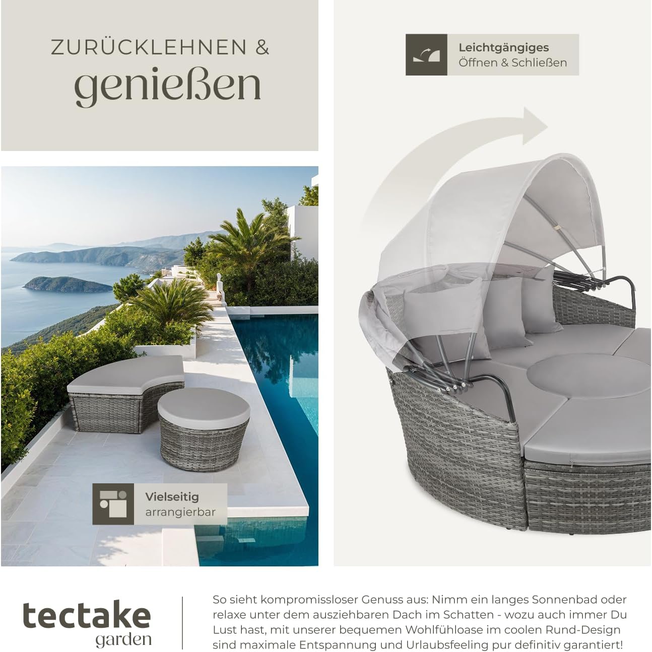 tectake® Lounge Muschel Sonneninsel Outdoor wetterfest, Gartenmuschel, Sonnenliege 2 Personen und mehr, multifunktionales Terrasse oder Balkon Möbel, Gartenliege wetterfest - grau