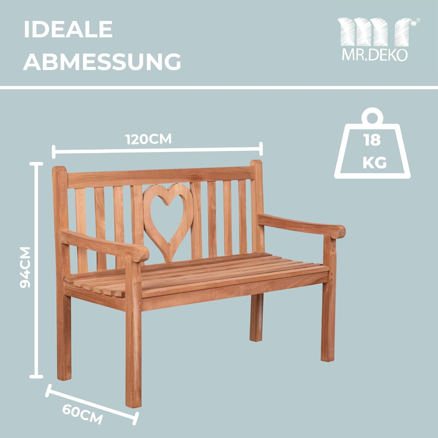 Gartenbank Motiv Teakholz | Holzbank mit Lehne | Friesenbank für draußen | 2-Sitzer 120x60x94 cm | Sitzbank Teak massiv & wetterfest Garten Balkon Terrasse | Parkbank zum Relaxen (Herz)