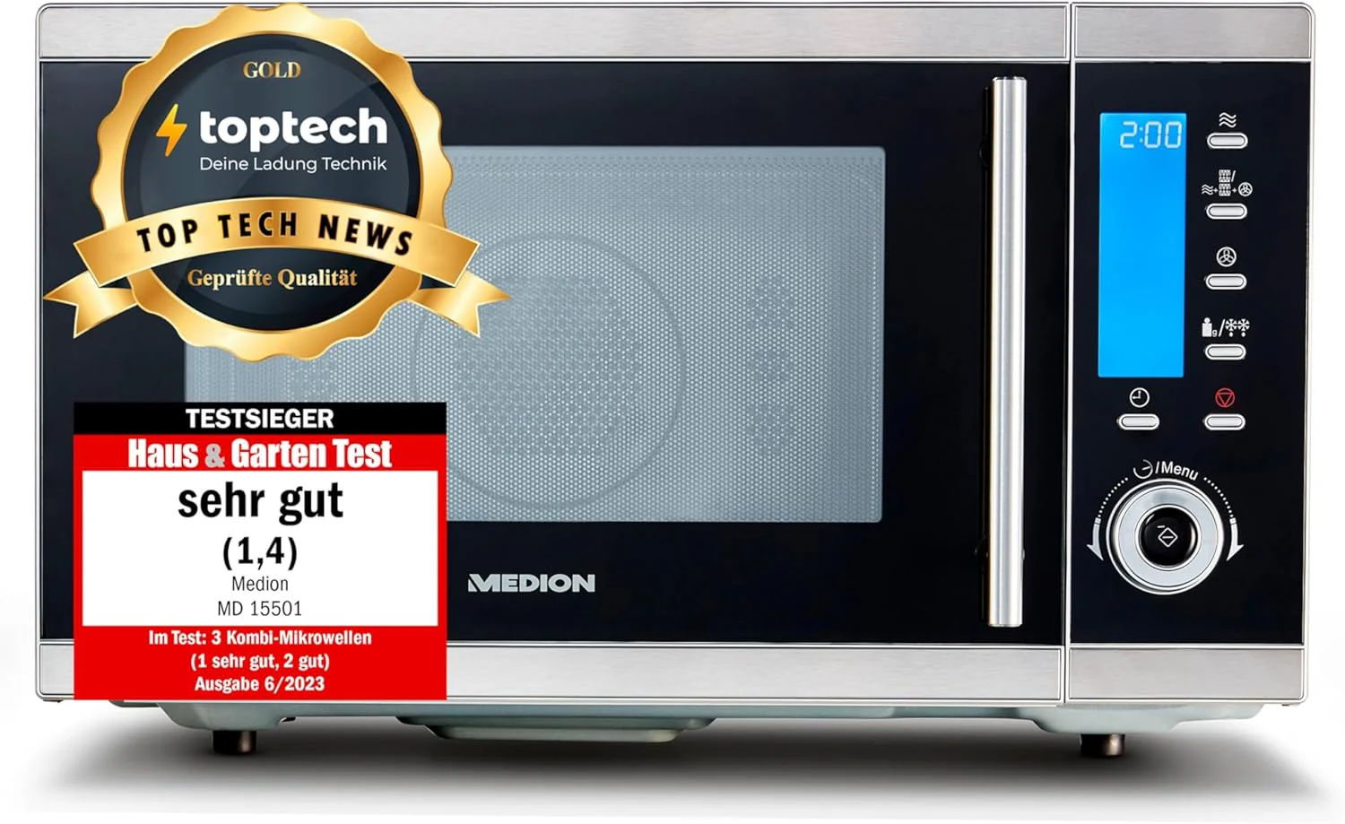 MEDION MD 15501 4 in 1 Mikrowelle mit Grill (25 Liter, 900 Watt, 1100 Watt Grill, 2500 Watt Heiluft, 10 Automatik-Programme) silber
