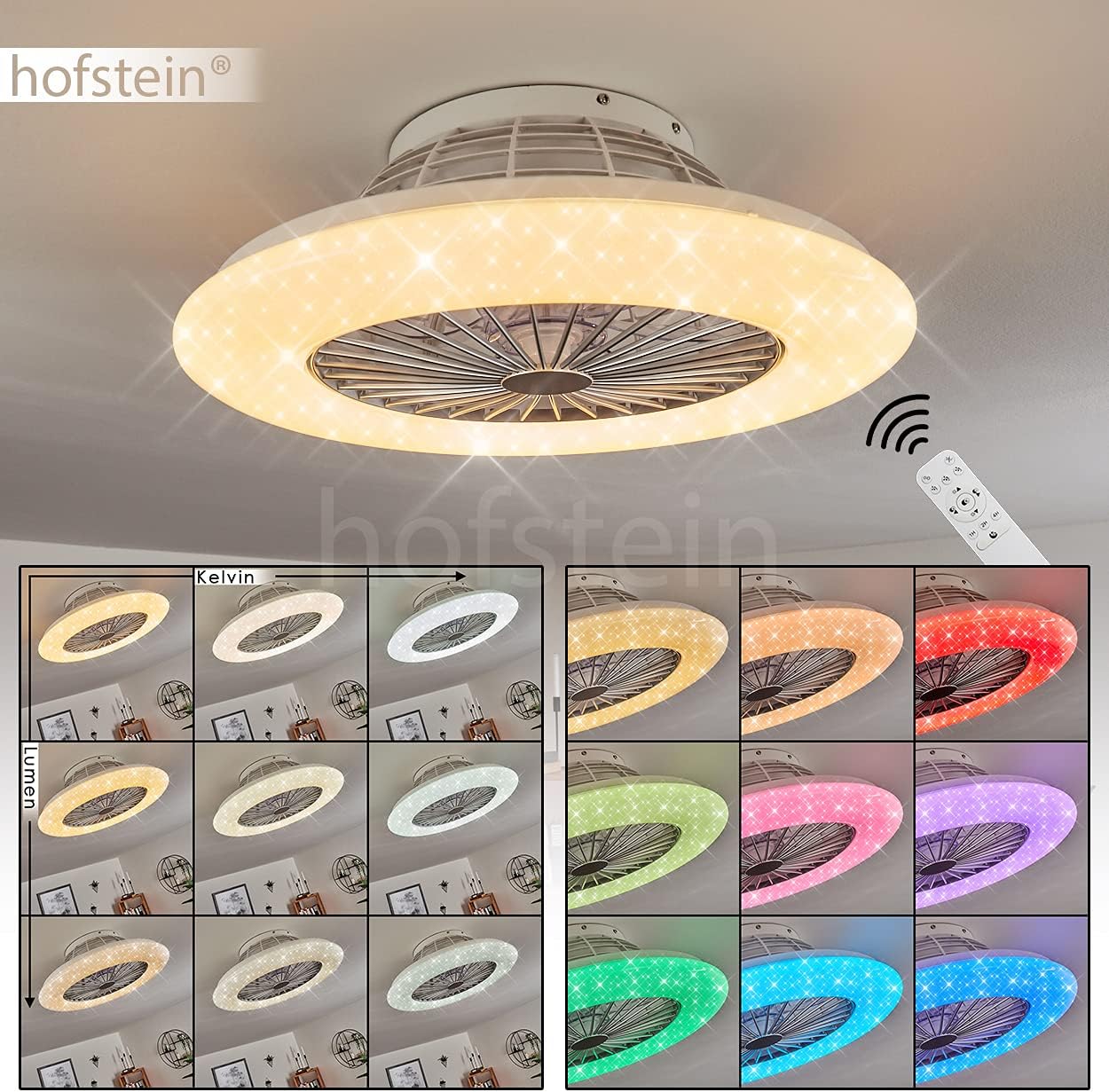 LED Deckenventilator Piraeus, Deckenlampe mit Ventilator aus Metall und Kunststoff in Weiß, RGB Farbwechsler, über Fernbedienung dimmbar, Timer und Nachtlicht, 40 Watt, 2200 Lumen, 3000-6500 Kelvin