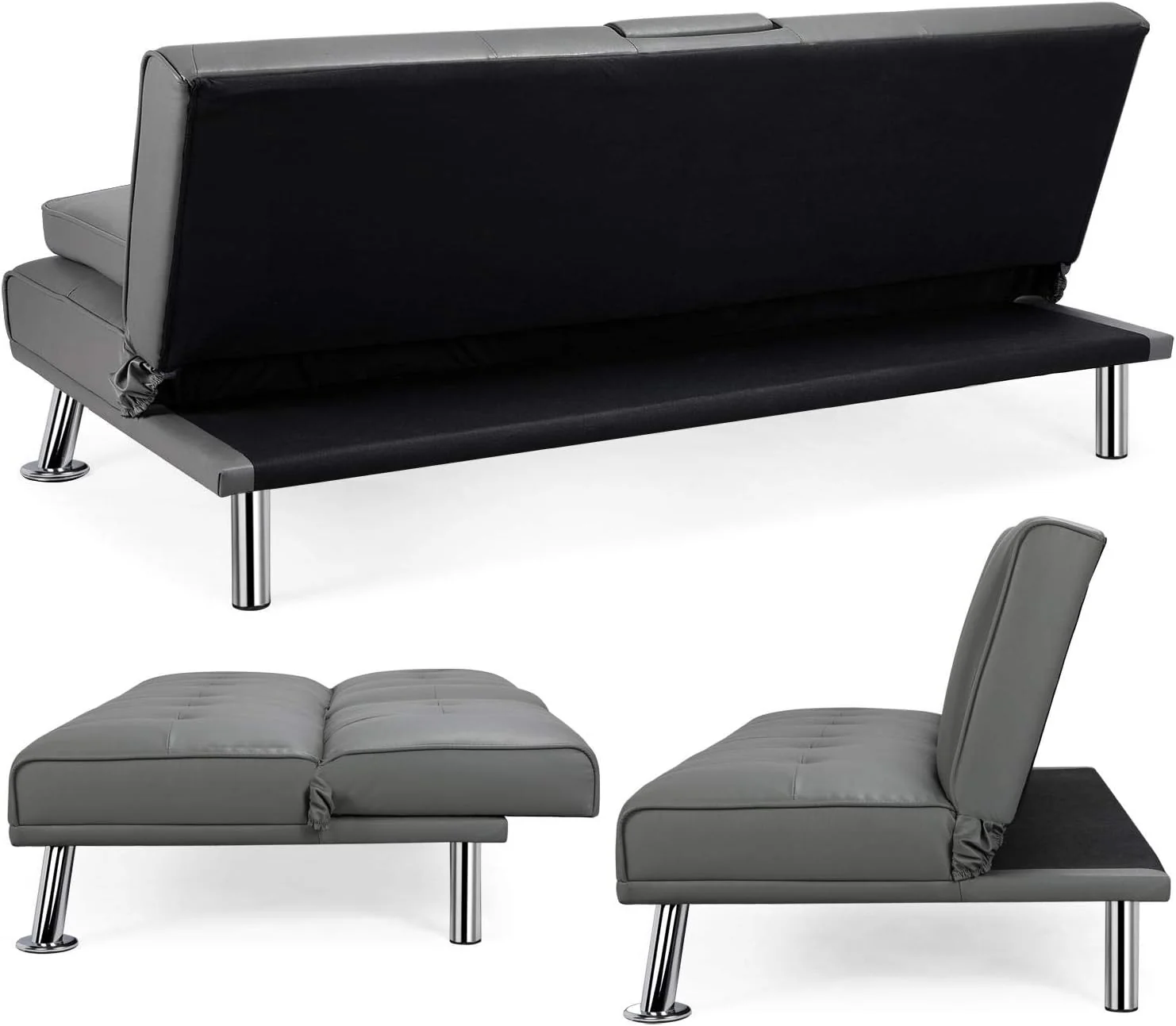Yaheetech Convertible Sofa Bed Adjustable Couch Sleeper Modern Faux Leather Home Recliner Reversible Loveseat Folding Daybed Guest Bed, Removable Armrests, Cup Holders, 3 Angles, 772lb Capacity, Black
