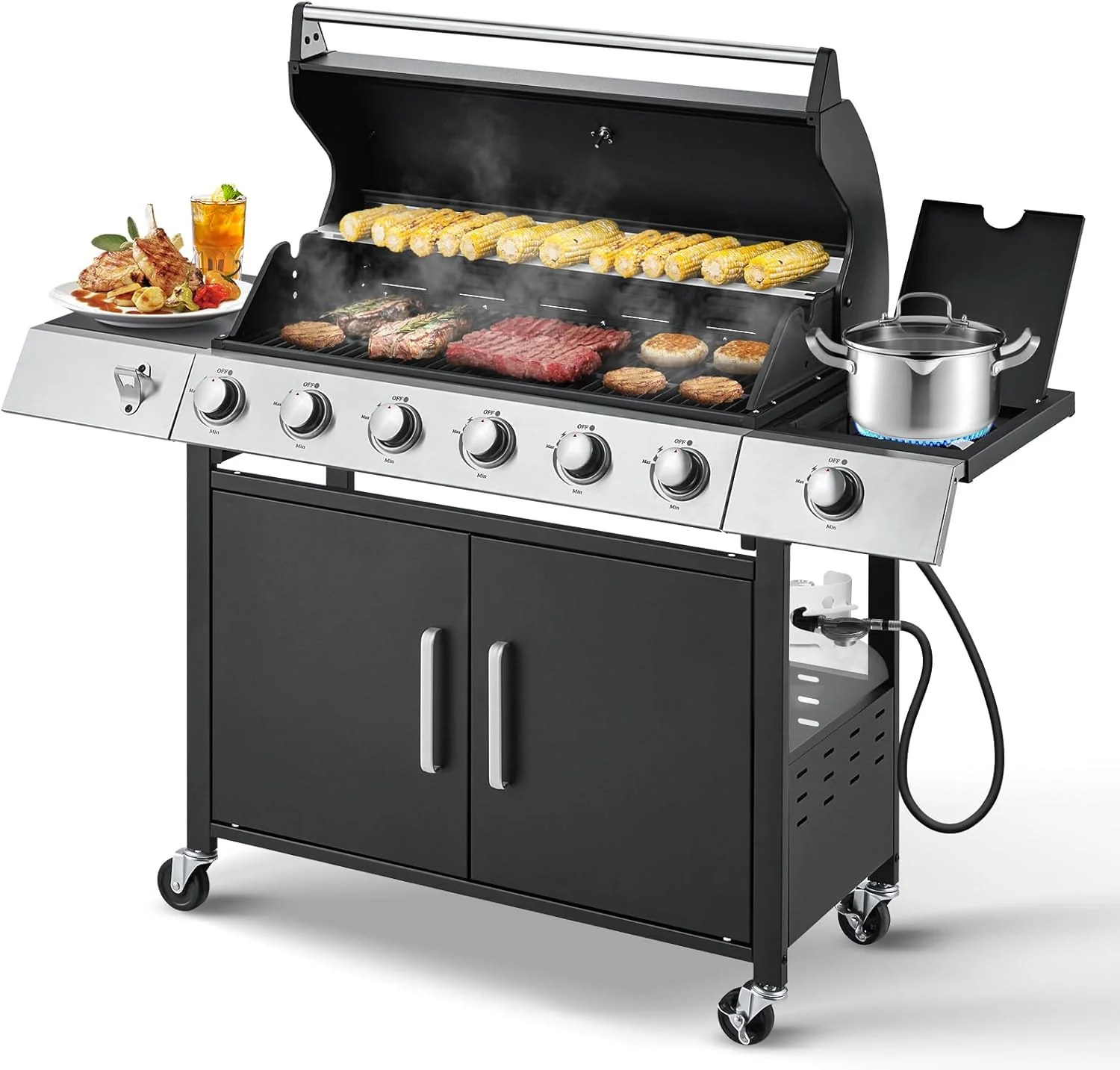 Upgraded 4 Burner BBQ Propane Gas Grill with Cast Iron Grates & Side Stove, 44,000 BTU Stainless Steel Burner Barbecue Grill for Patio, Camping, Outdoor Cooking.