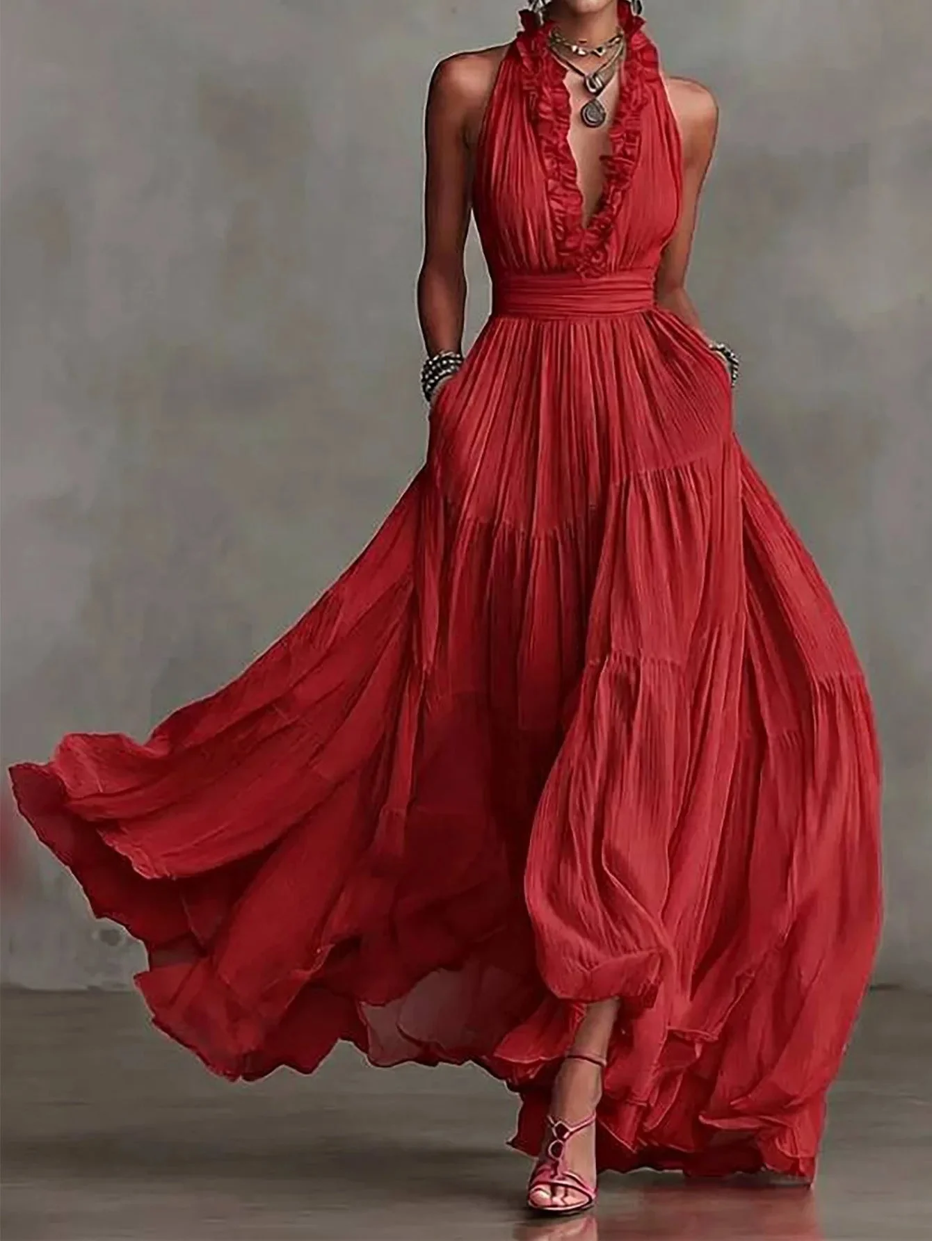 Women��s Evening Maxi Dress Elegant Pleated Skirt with Ruffle Trim