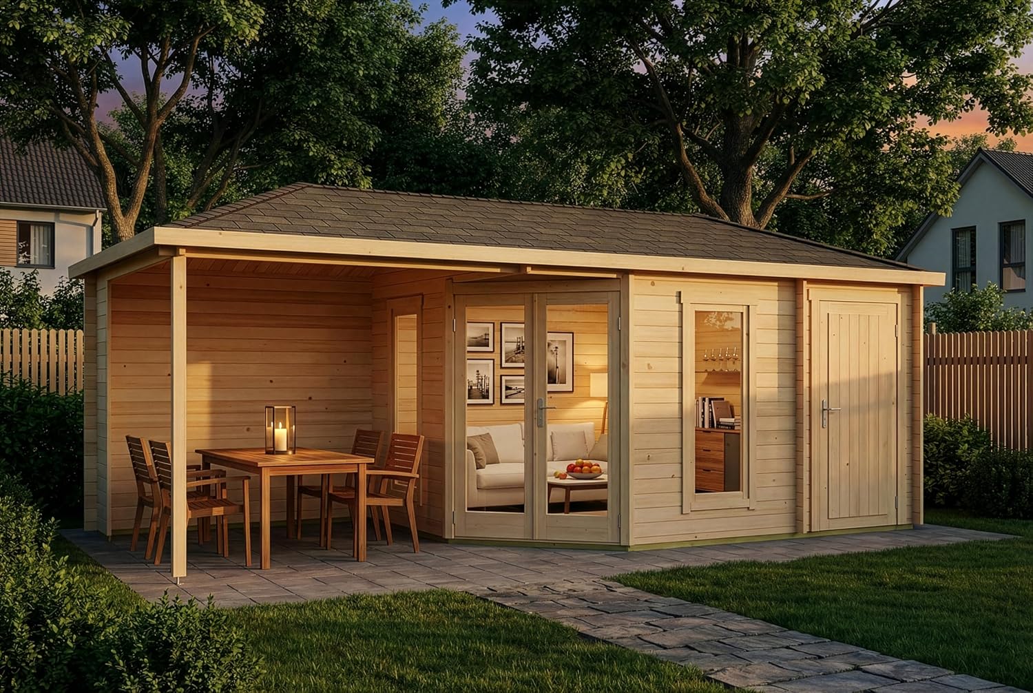 5-Eck Gartenhaus Liwa mit Anbau aus Holz in Naturbelassen mit 28mm Wandstärke und Überdachter Terrasse