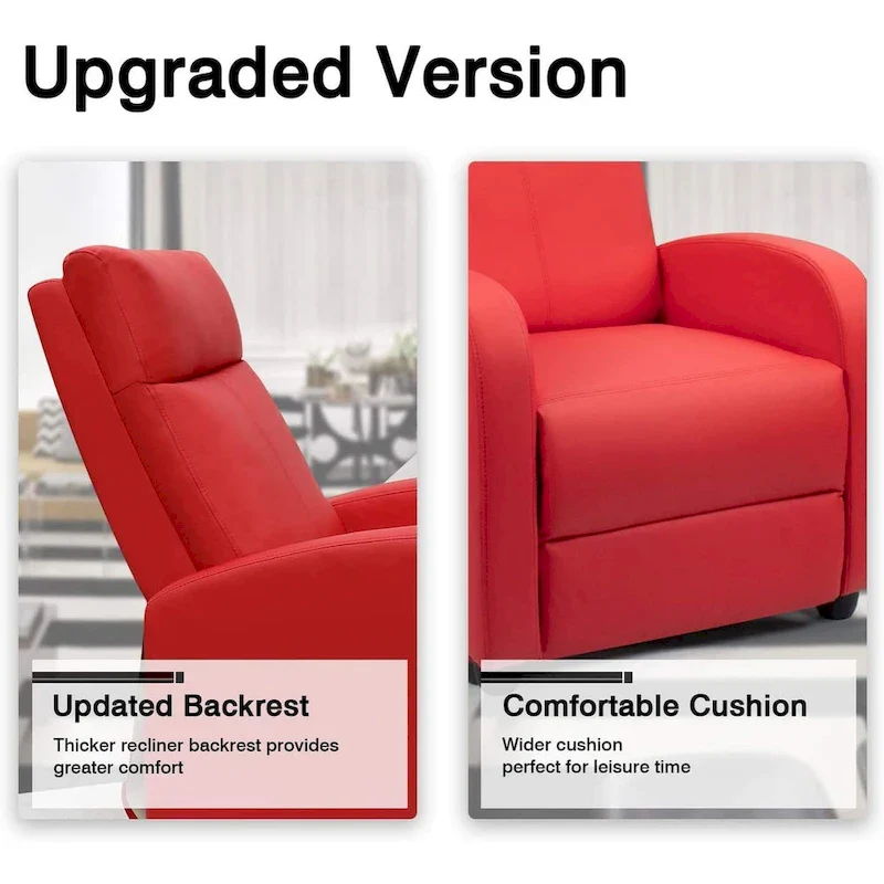 PU Leather Push-Back Recliner Chair, Brown / Black / Grey / Khaki / Red / Beige, Single