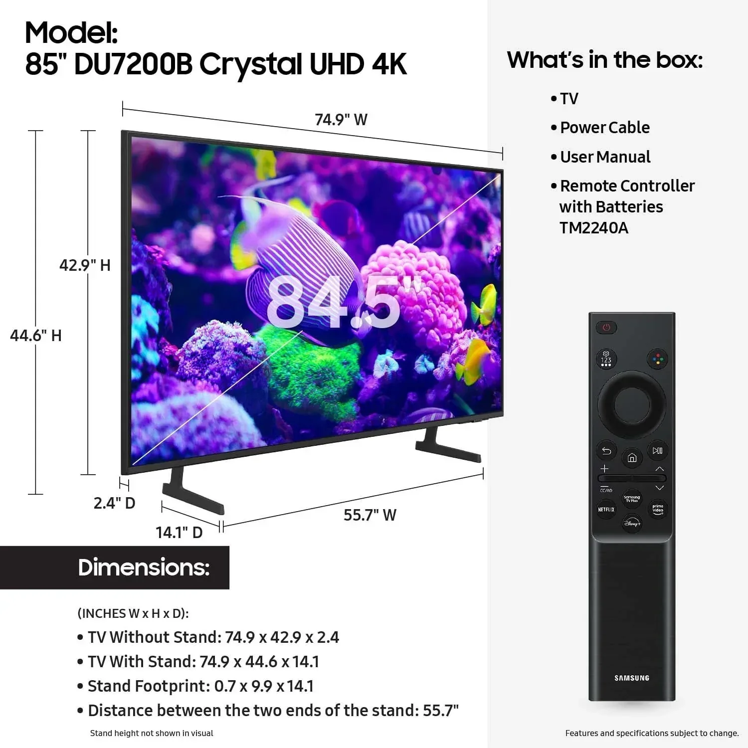 Samsung 85 Crystal UHD 4K Smart TV DU7200B with PurColor, HDR, and Tizen OS C 2024 Model