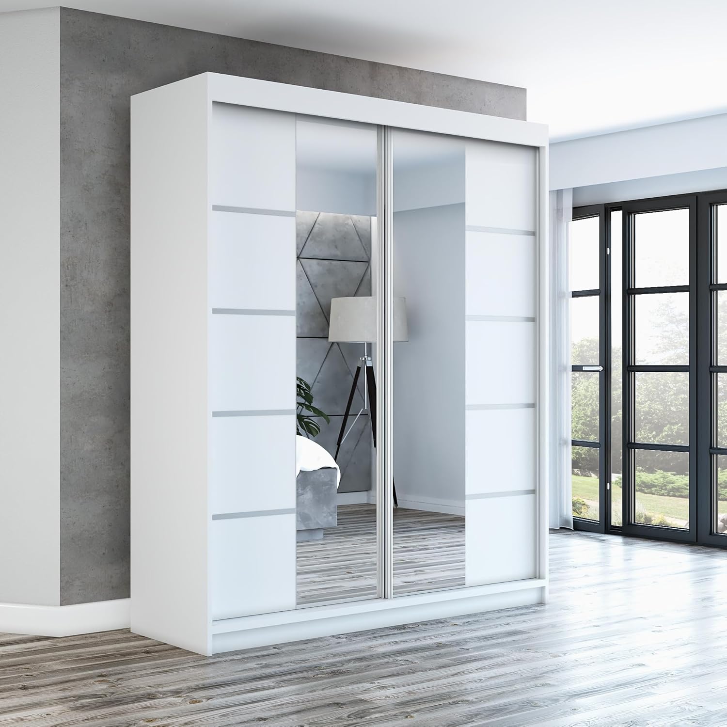 A&J MöbelLand Schwebetürenschrank ERA Kleiderschrank 2-türig mit Spiegel, Garderobe 180 cm (Weiß/Weiß/Weiß)