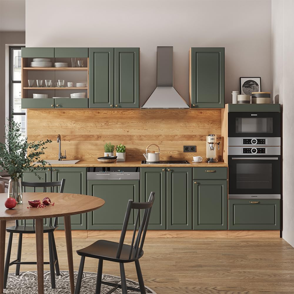 Vicco Küchenzeile Fame-Line, Grün-Gold Landhaus/Goldkraft Eiche, 300 cm mit Hochschrank, ohne Arbeitsplatte