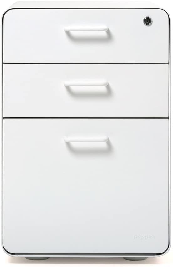 Poppin Stow 3-Drawer File Cabinet - White, 2 Utility Drawers and 1 Hanging File Drawer, Fully Painted Inside and Out, Powder-Coated Steel, Two Keys Included, Stationary