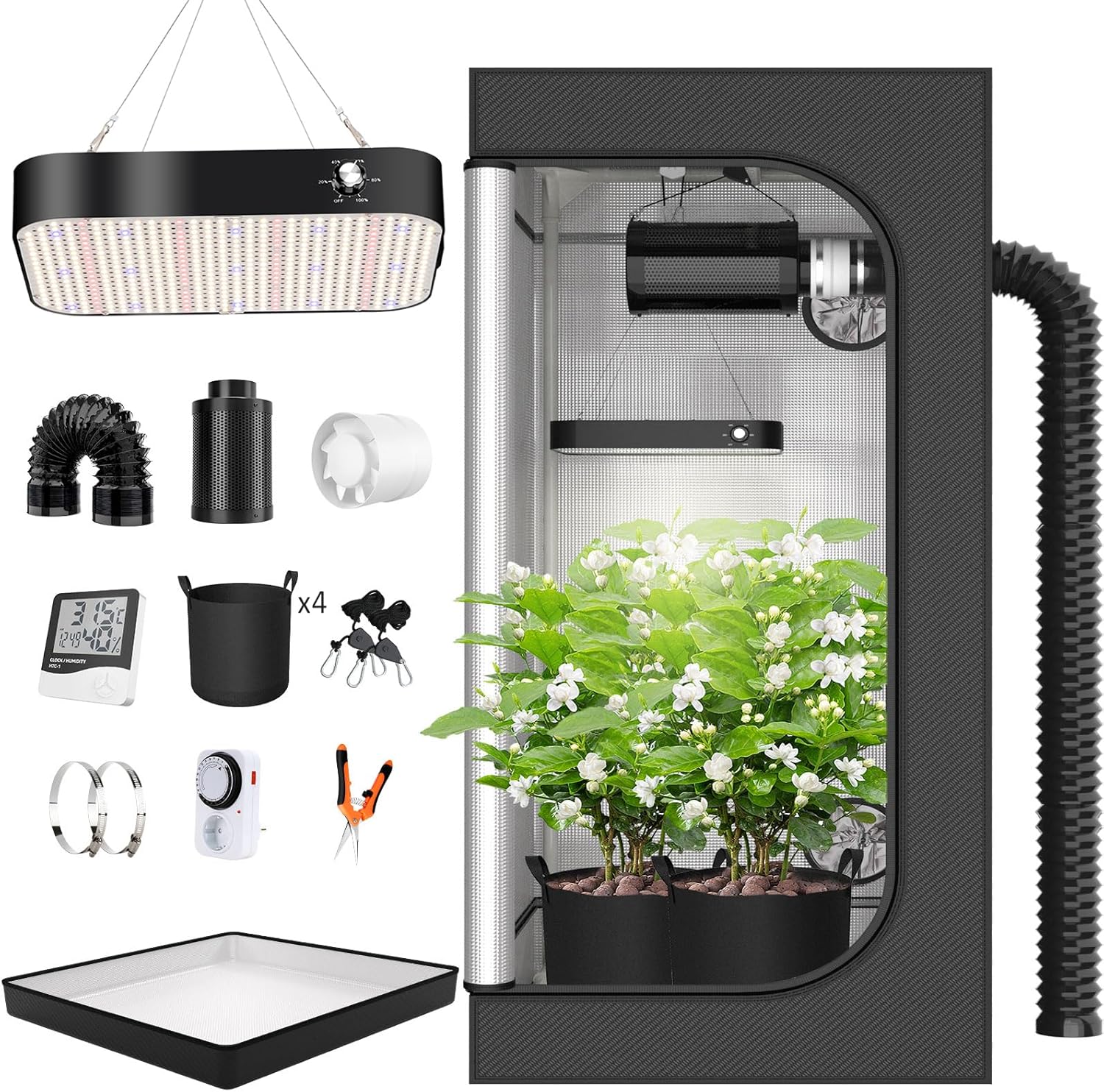 TOPRON Grow Box Complete Kit, 100 x 100 x 200 cm Growbox, Complete Set of Hydroponic Grow Tents 600D with Dimmable Full Spectrum LED Lamp 200W