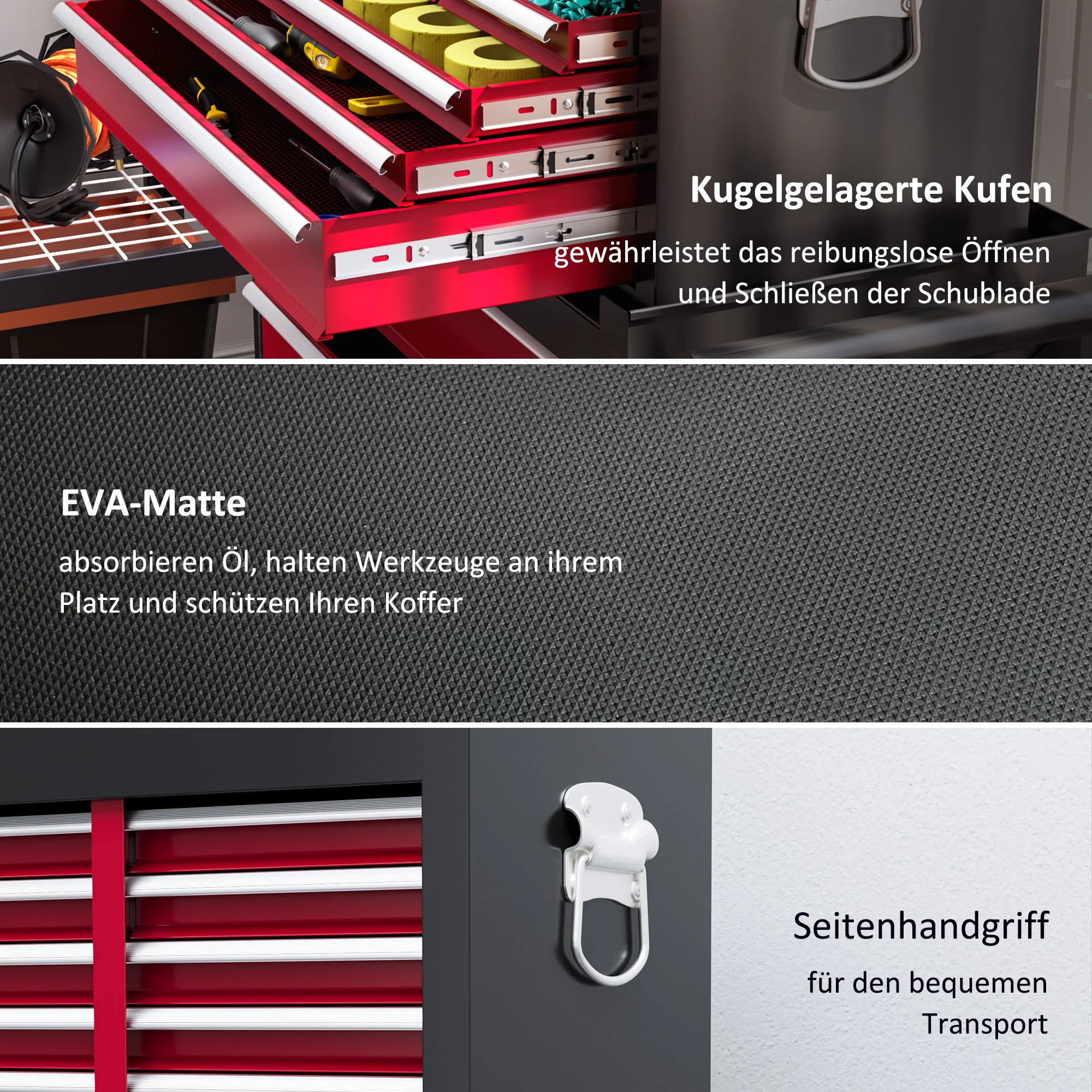 HOMCOM Gereedschapswagen, Tweedelig, Afsluitbaar, 14 Laden, Zijwand met Gaten, Staal, Rood