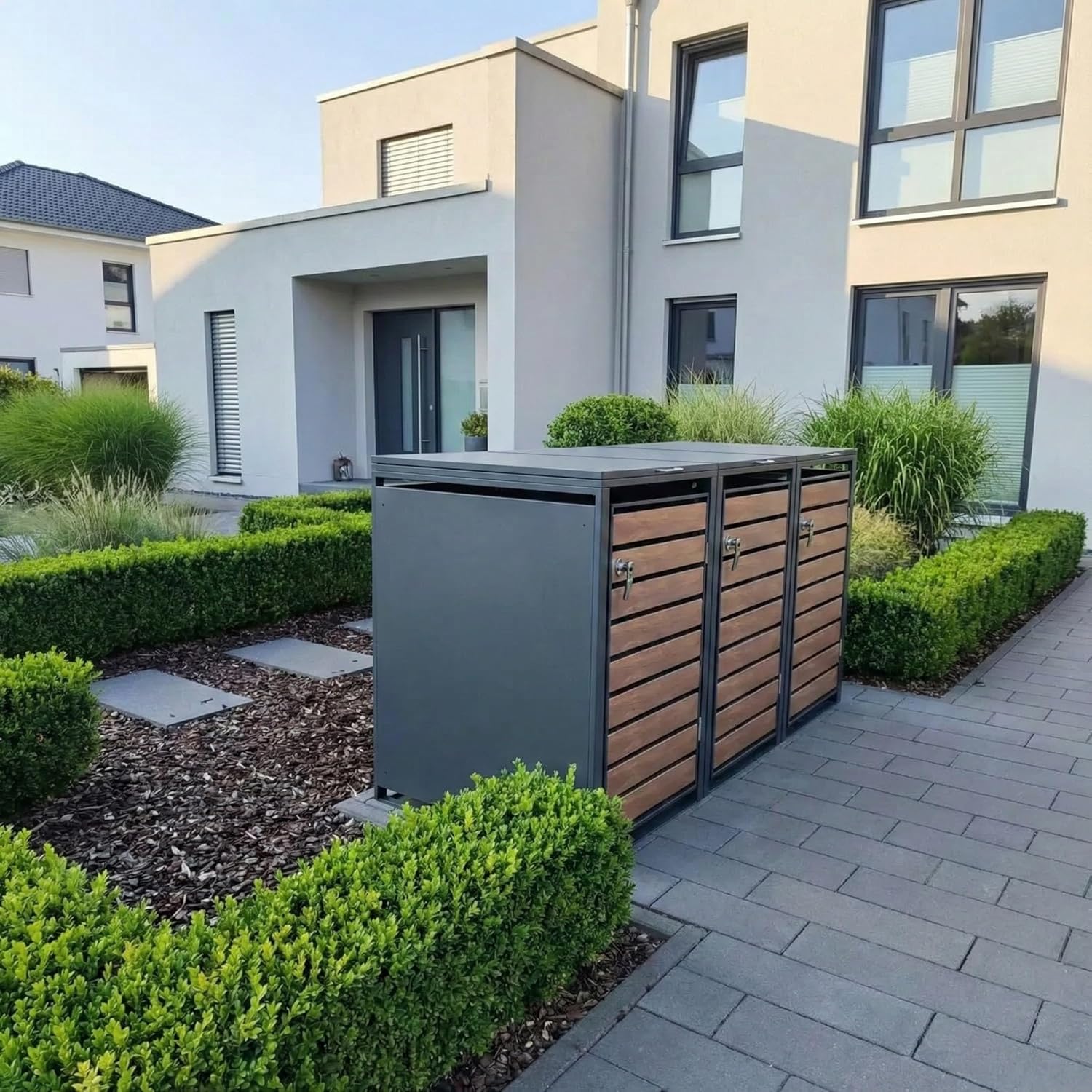 Metzler Mülltonnenbox in Anthrazit & Holzoptik 3er 240L, Mülltonnenverkleidung 3 Tonnen, witterungsbeständiger und pulverbeschichteter Stahl mit Automatikdeckel, abschließbar, Garten- und Müllbox