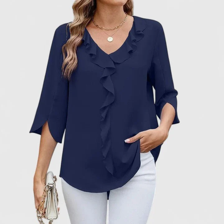 Women's Chiffon Blouse Ruffle V-Neck Half-Sleeve Style