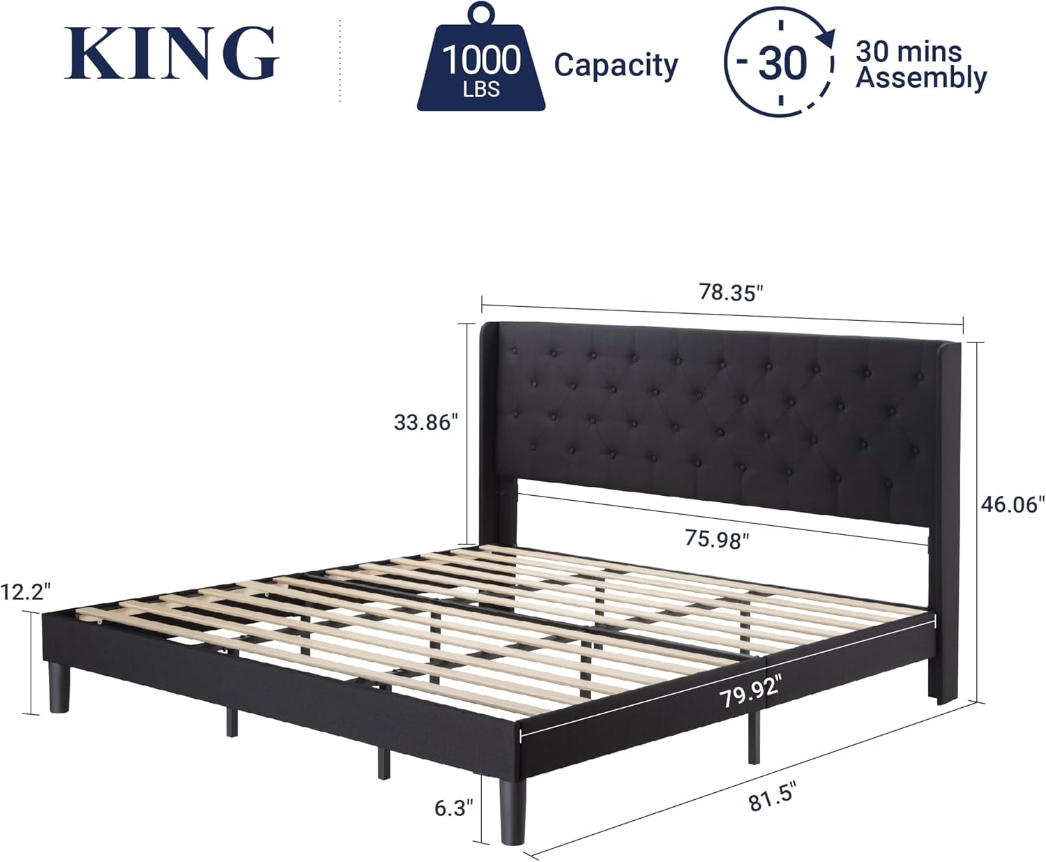 Allewie King Size Bed Frame with Button Tufted Wingback Headboard, Modern Upholstered Bed Frame with Solid Wooden Slats Support - No Box Spring Needed, Easy Assembly, Black