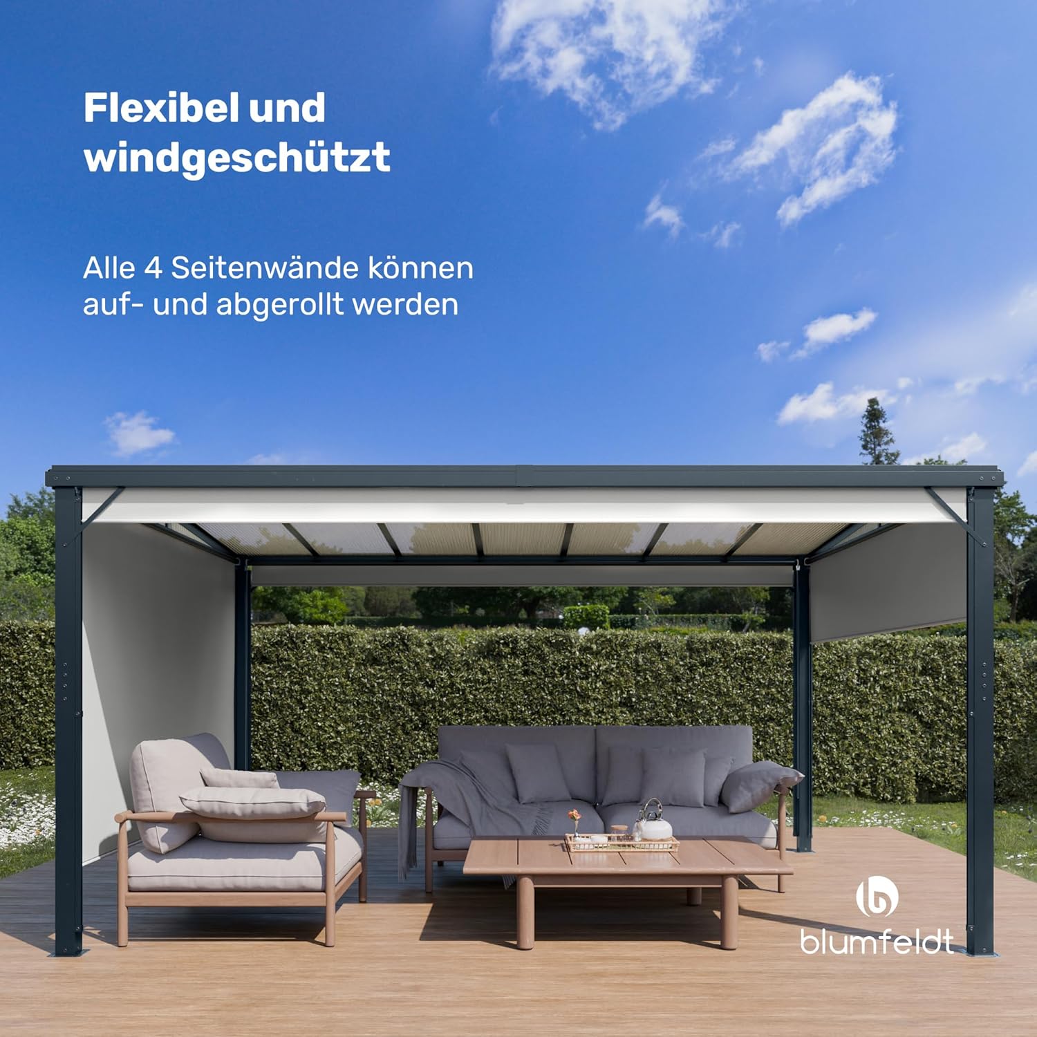 blumfeldt Pergola 3x4 m, Überdachung Mit Polycarbonatdach & Einziehbaren Seitenwänden, Pulverbeschichteter Aluminiumrahmen, Wetterfest & Stabil, Einfacher Aufbau, Winterfest