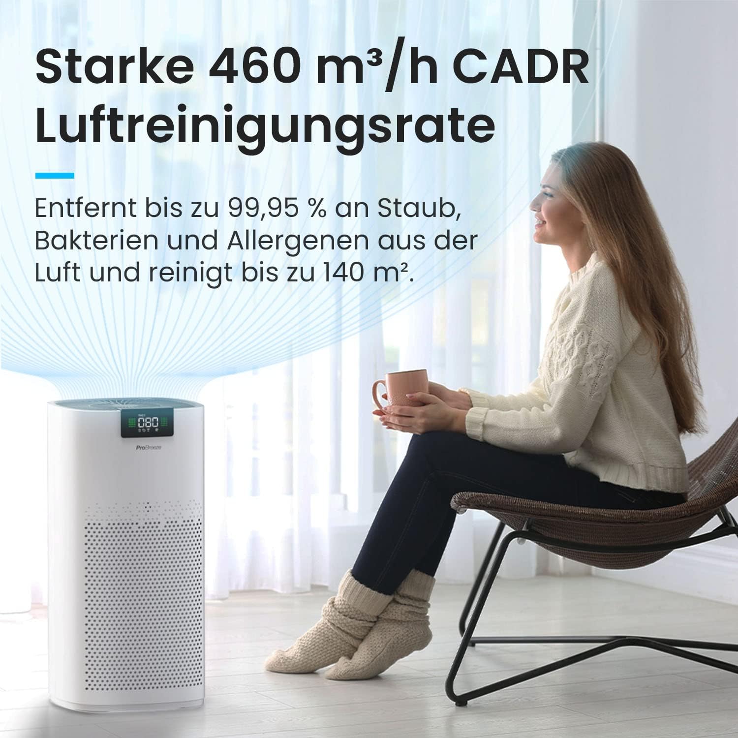 Pro Breeze Luftreiniger Hepa 13 Filter mit UV-C Lampe, Luft Ionisierer & Aktivkohlefilter, CADR 460m3 - Air Purifier mit Luftqualitätsmesser für große Räume bis 140m² - bis zu 99.95% Filterleistung