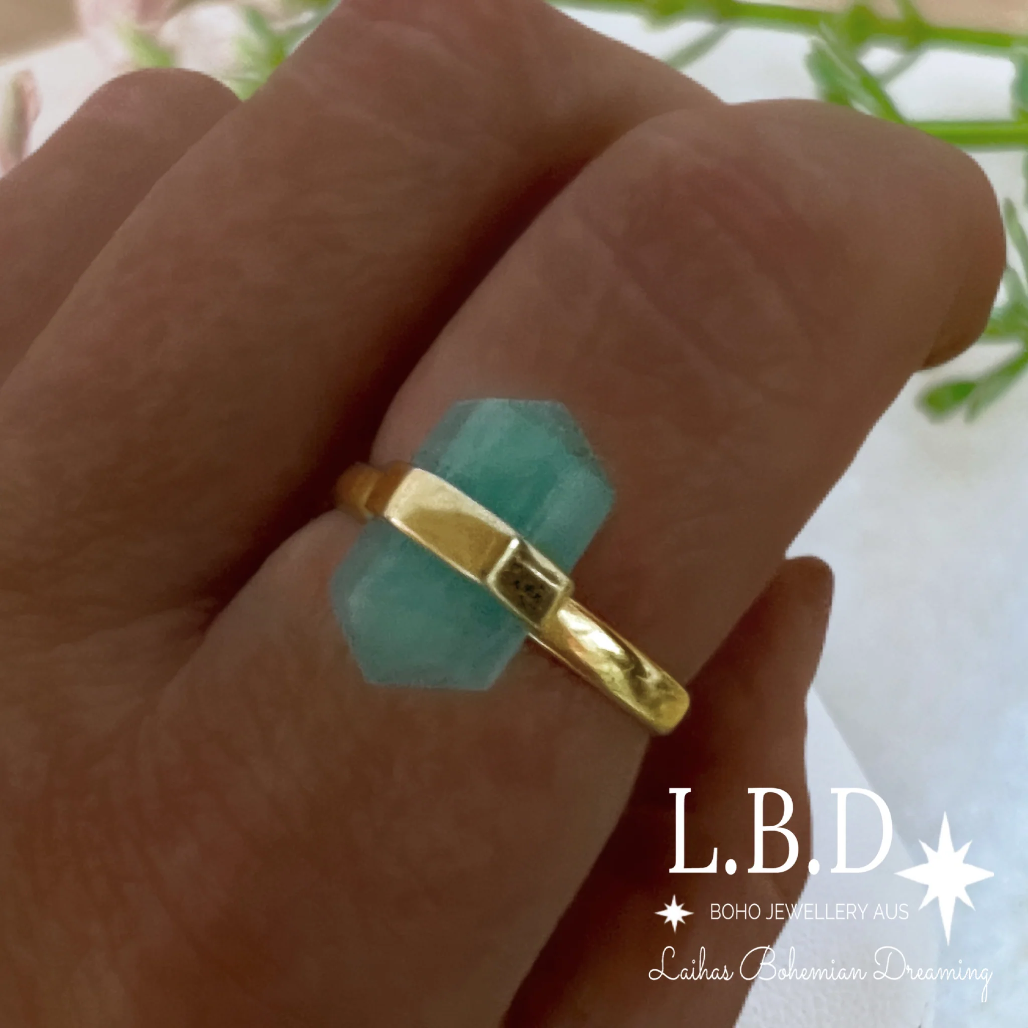 Laihas Gold Crystal Kindness Amazonite Ring