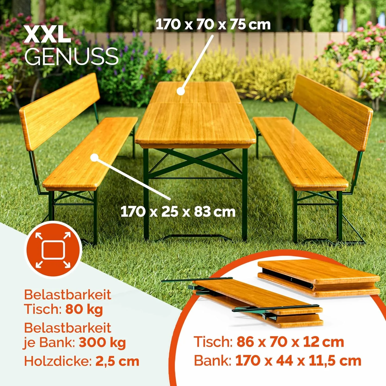 Casaria® Sörpad garnitúra háttámlával, 170 cm, összecsukható, stabil, 2 db sörpaddal, 1 db széles asztallal, fából készült sörasztal garnitúra, sörsátor garnitúra, sörkert garnitúra
