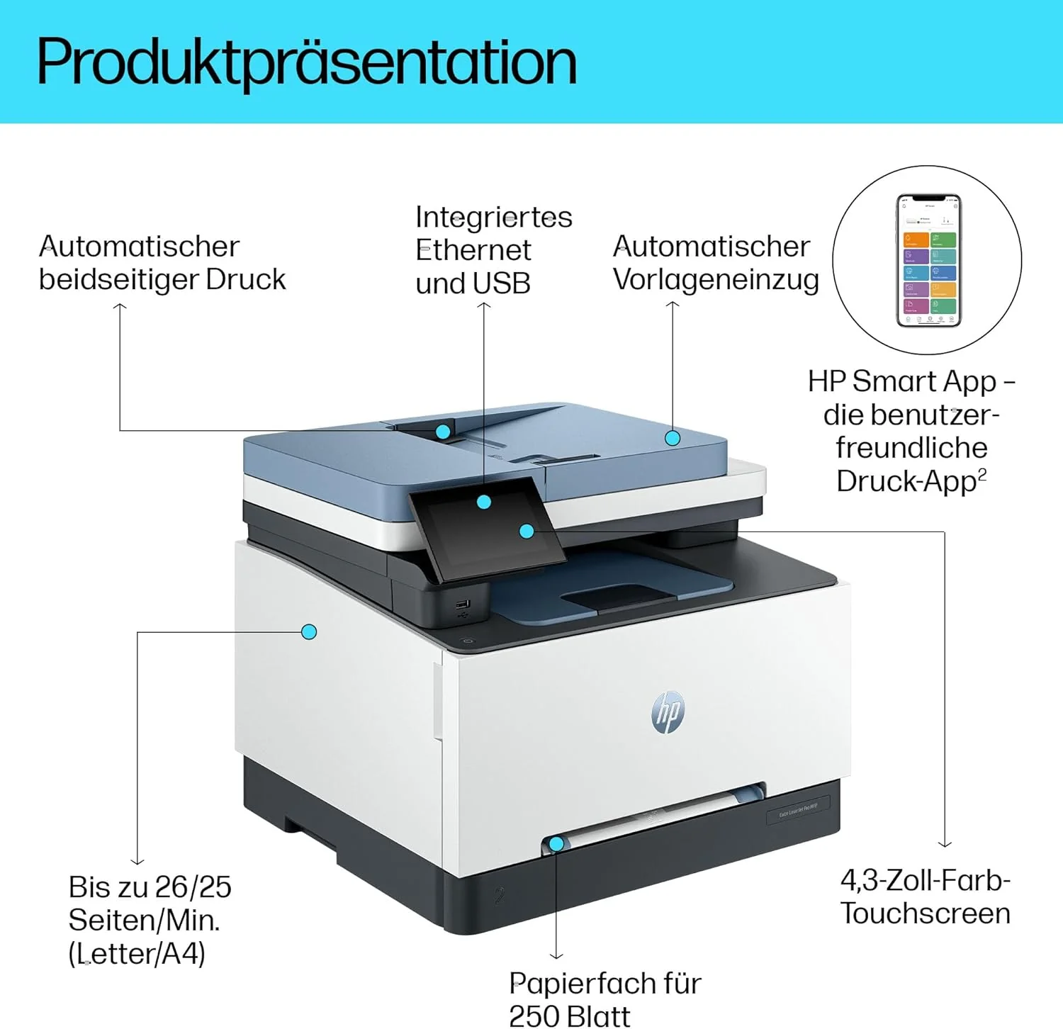 Stampante laser multifunzione a colori HP Color LaserJet Pro MFP 3302fdwg, Fax, Stampa automatica fronte/retro, Touchscreen, Wi-Fi, Ethernet, USB, HP Wolf Pro Security