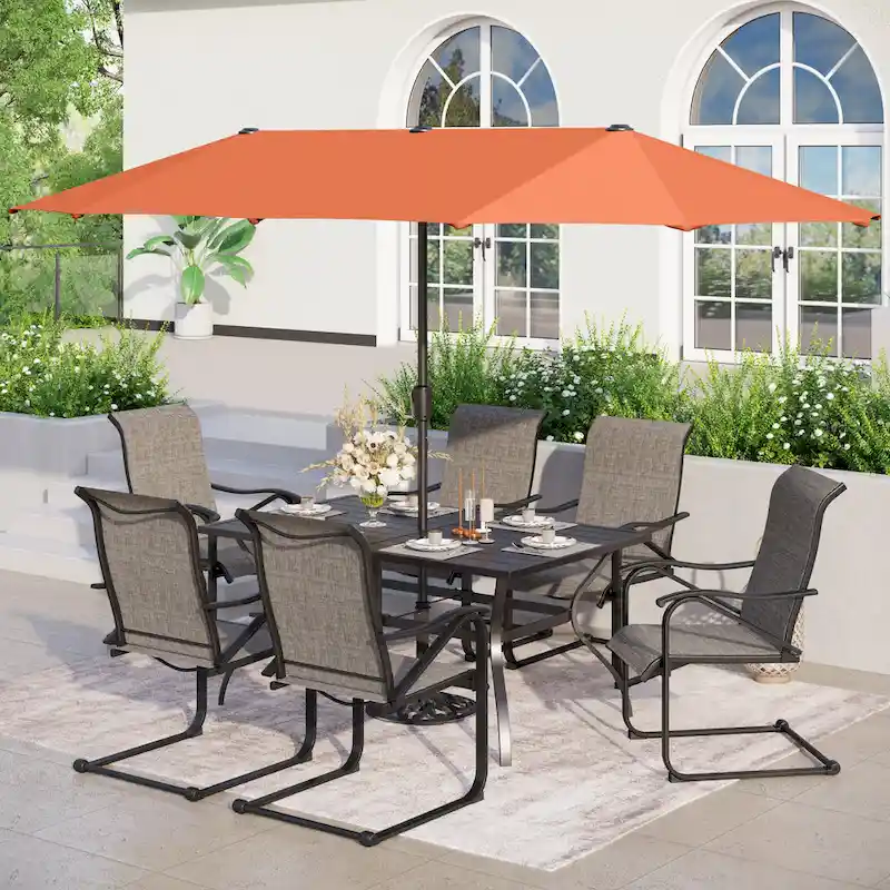 7/8-Piece Patio Dining Set including 60x38 Slatted Metal Table with 1.56 Umbrella Hole and 6 Spring Motion Chairs