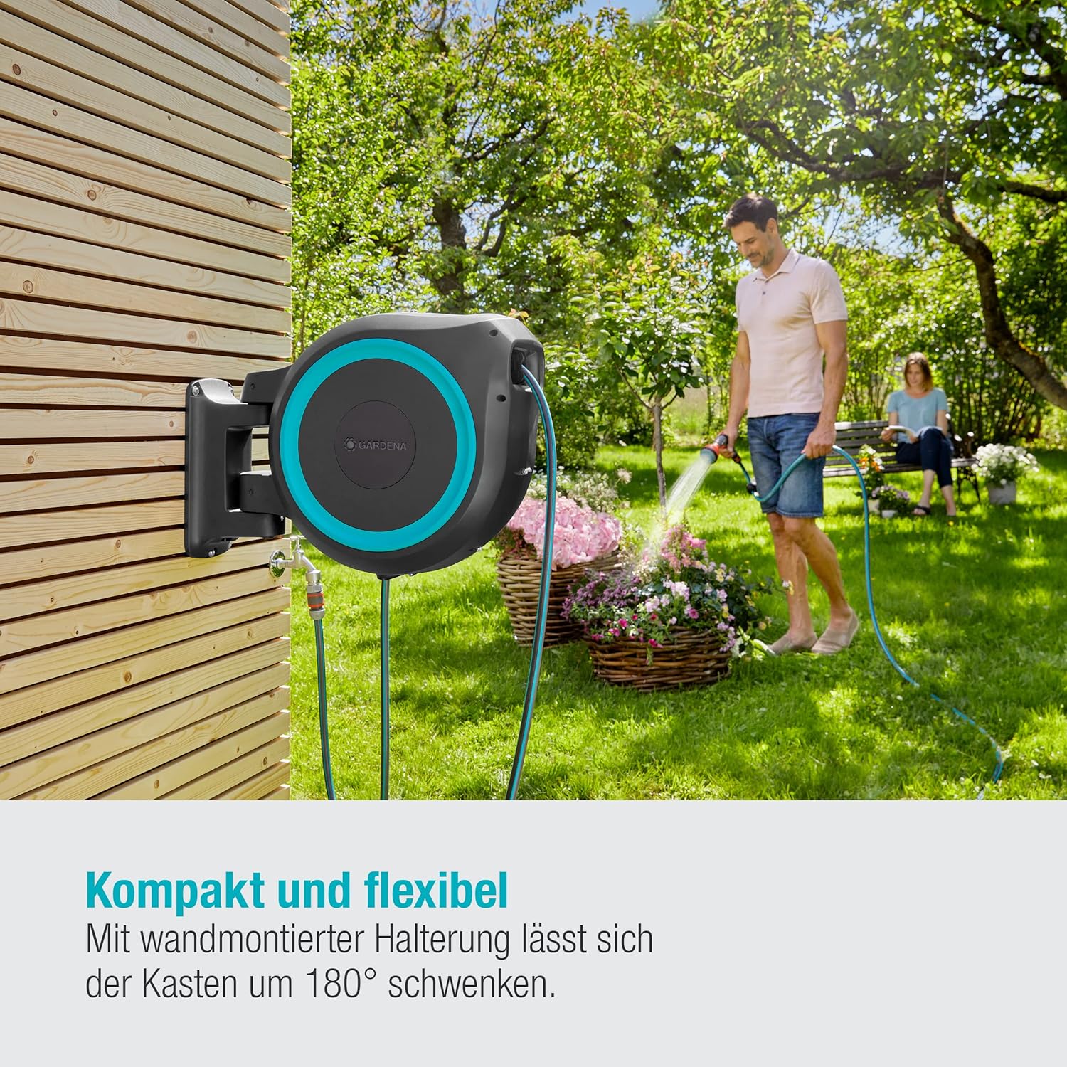 Gardena Wand-Schlauchbox RollUp XL (türkis) 35 m: flexible Bewässerung für große Gärten, Schwenkbare Schlauchbox, inkl. 35 m Gardena Qualitätsschlauch und Montagehilfe (18630-20)