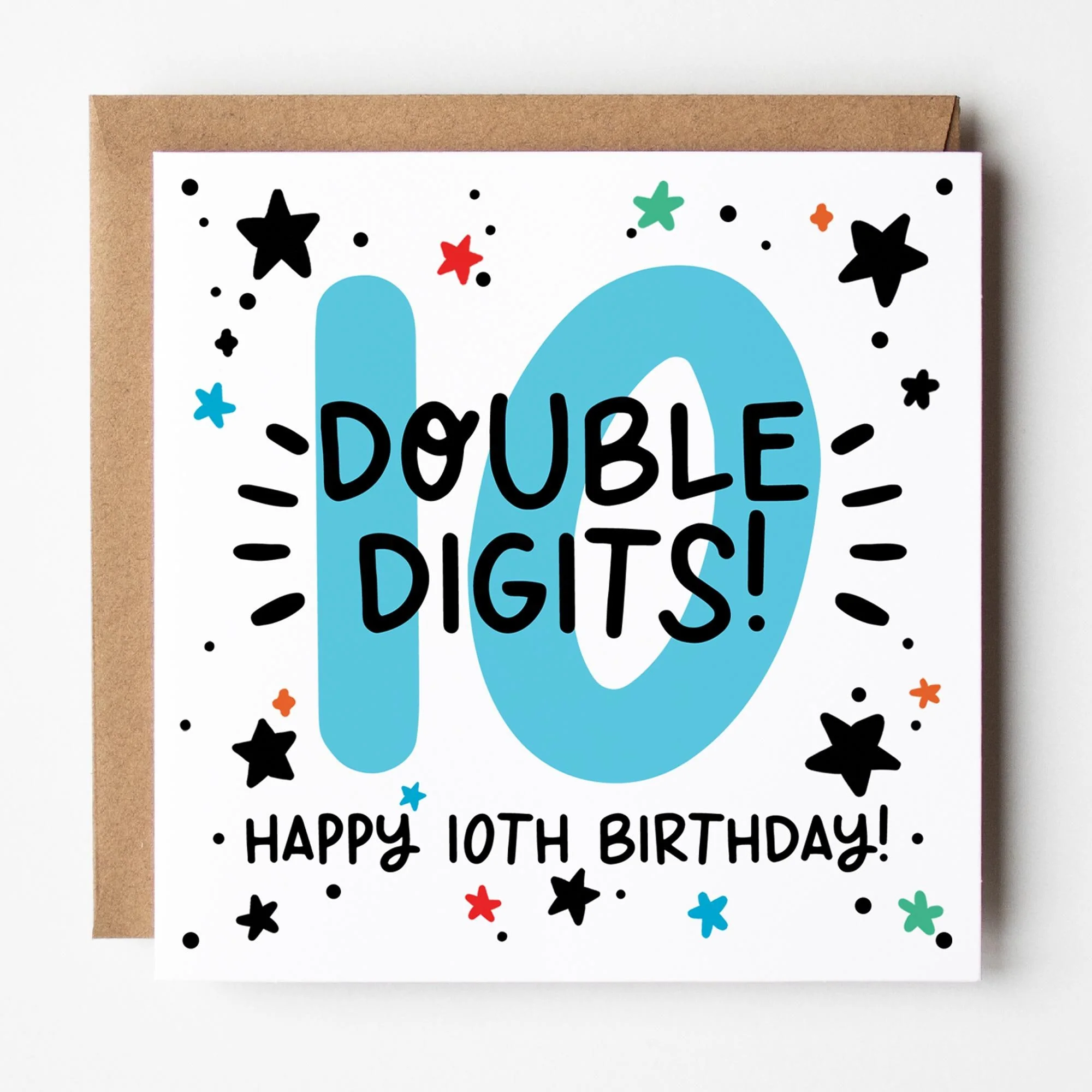 Happy 10th Birthday Card: Blue 10, Double Digits, with Stars and Kraft Envelope