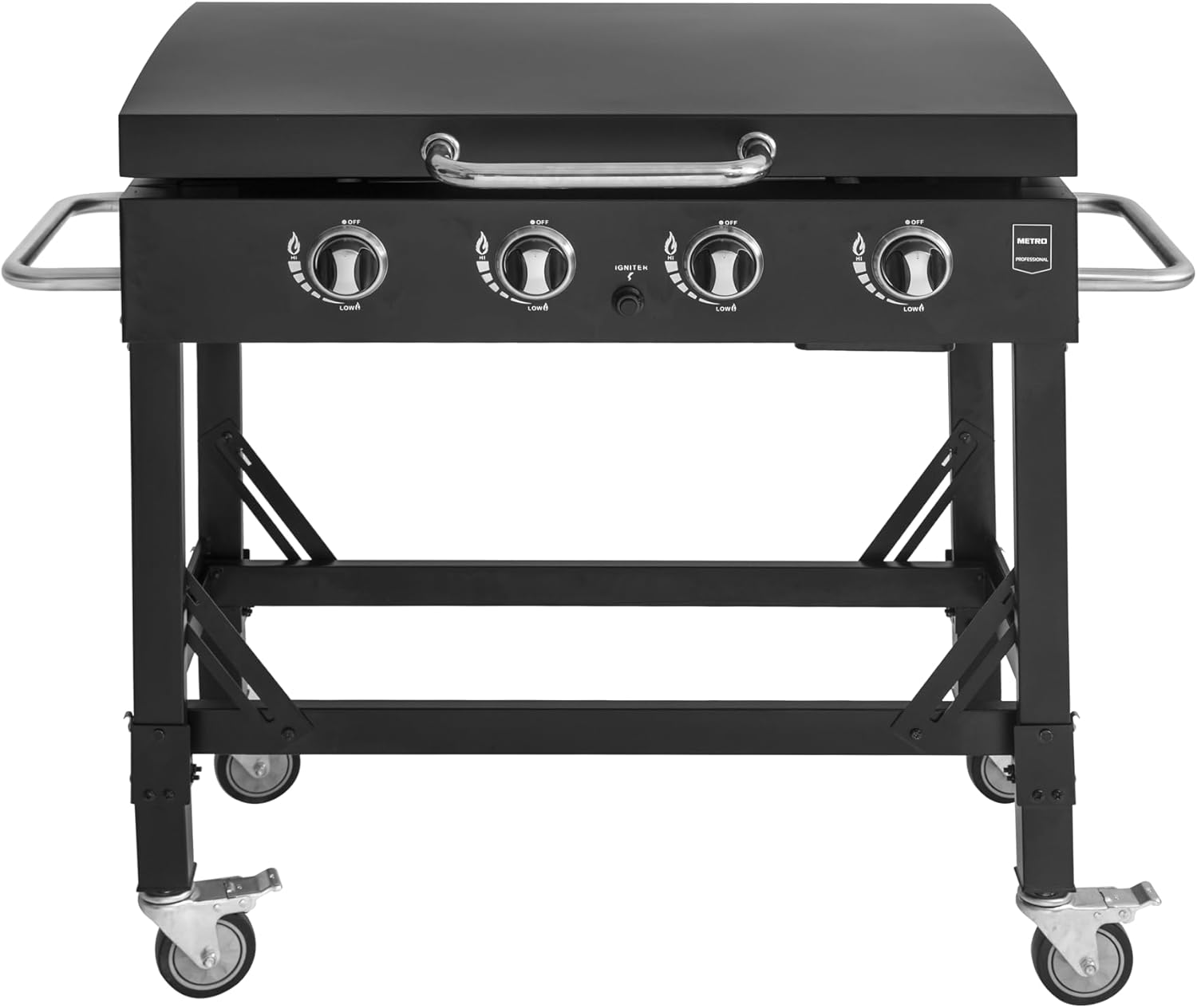 METRO PROFESSIONAL Barbecue a Gas con Piastra Dayton, Acciaio/Acciaio Inox, 4 Bruciatori x 3.7kW, con Ruote, Gambe Pieghevoli, Copertura Protettiva, Nero
