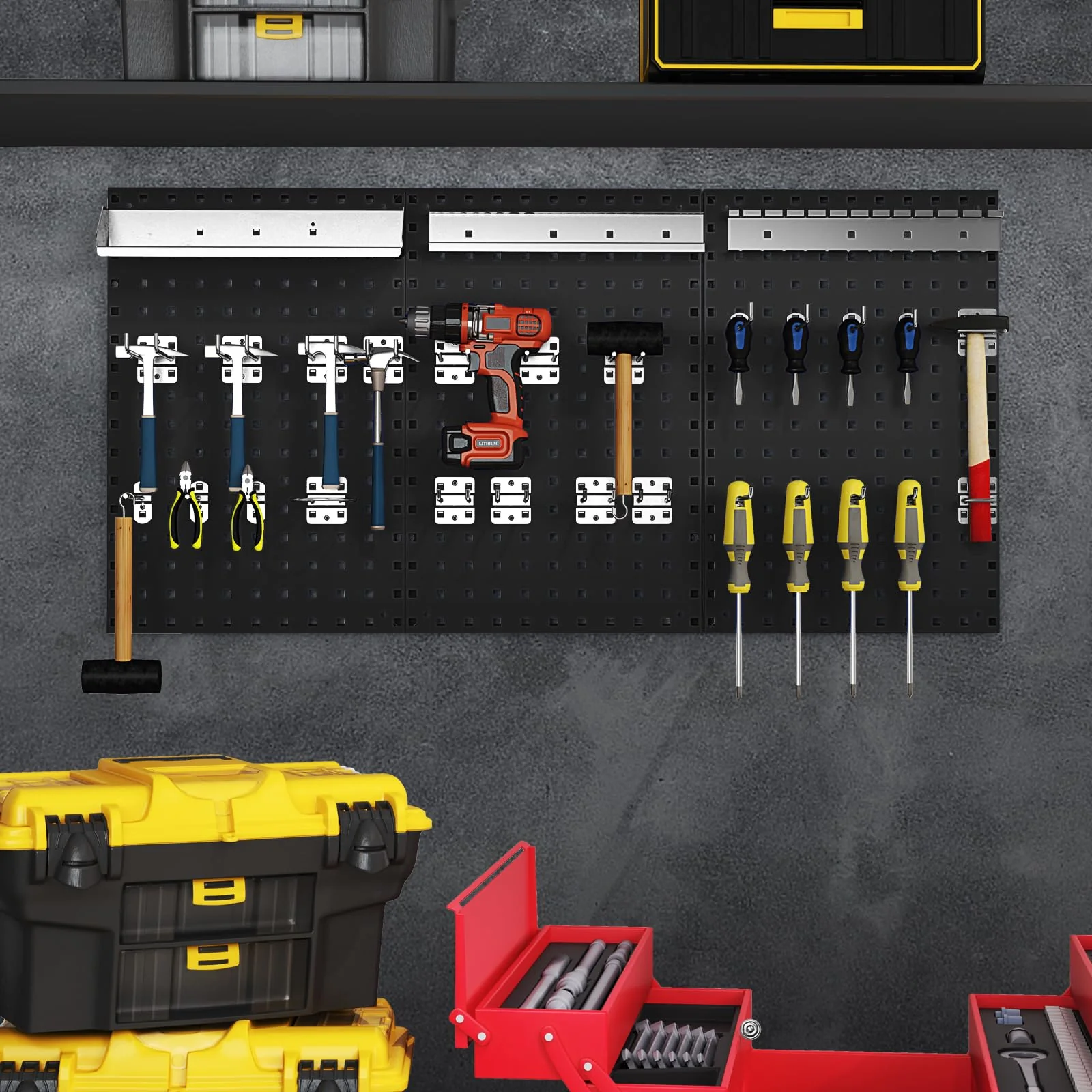 3 Pcs Metal Pegboard Panels w/25 Hooks, Storage Platform & Square Hole, Heavy Duty Pegboard Wall Organizer, Peg Board for Workshop Tool Storage