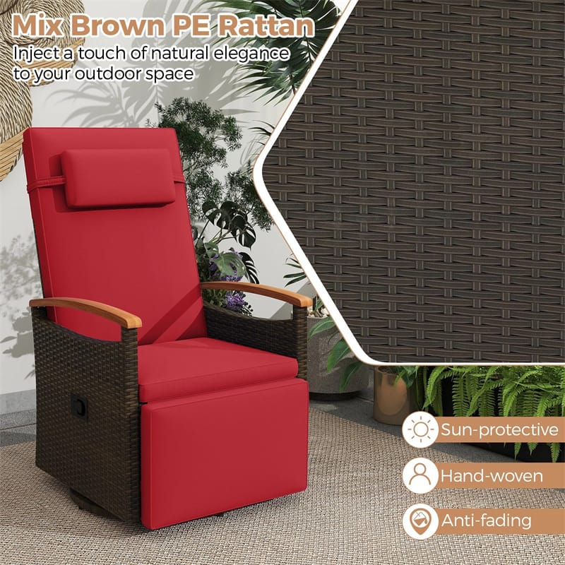 Outdoor Rattan 360° Swivel Recliner Chair, Patio Wicker Chaise Lounge Chair with Adjustable Backrest & Footrest, Flip Side Table & Cushions