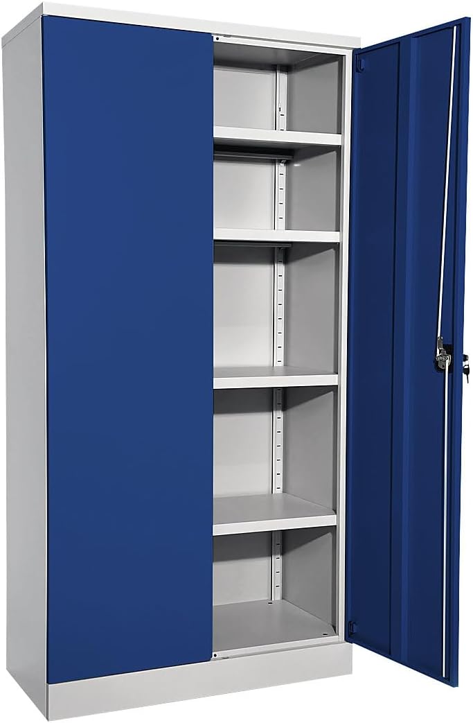 eurokraft | Stahlschrank Nilas | mit 4 Fachböden | HxBxT 1950 x 1000 x 500 mm | lichtgrau/enzianblau